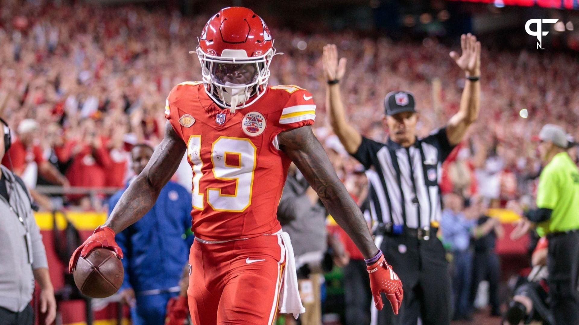 Kansas City Chiefs WR Kadarius Toney (19) reacts after scoring a touchdown against the Denver Broncos.