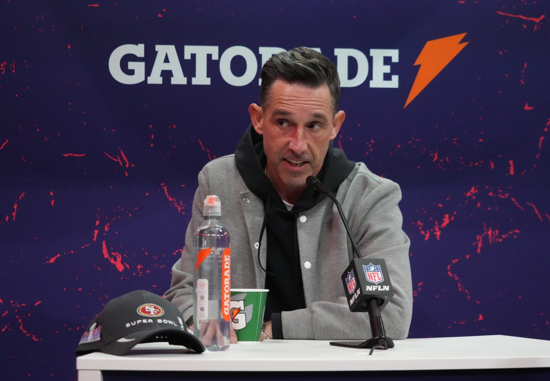 San Francisco 49ers head coach Kyle Shanahan during Super Bowl LVIII Opening Night at Allegiant Stadium.