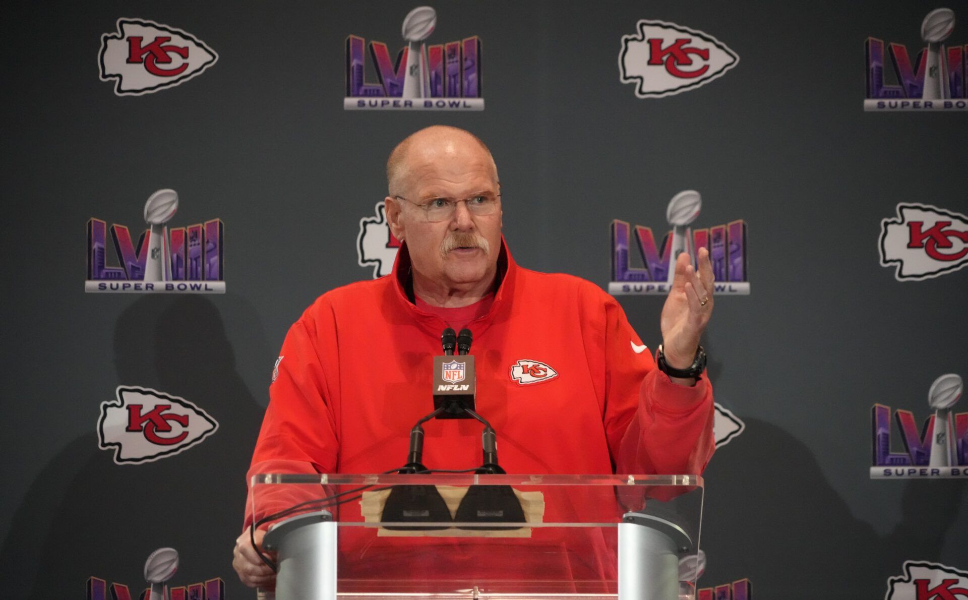 Kansas City Chiefs head coach Andy Reid speaks during a press conference before Super Bowl LVIII.