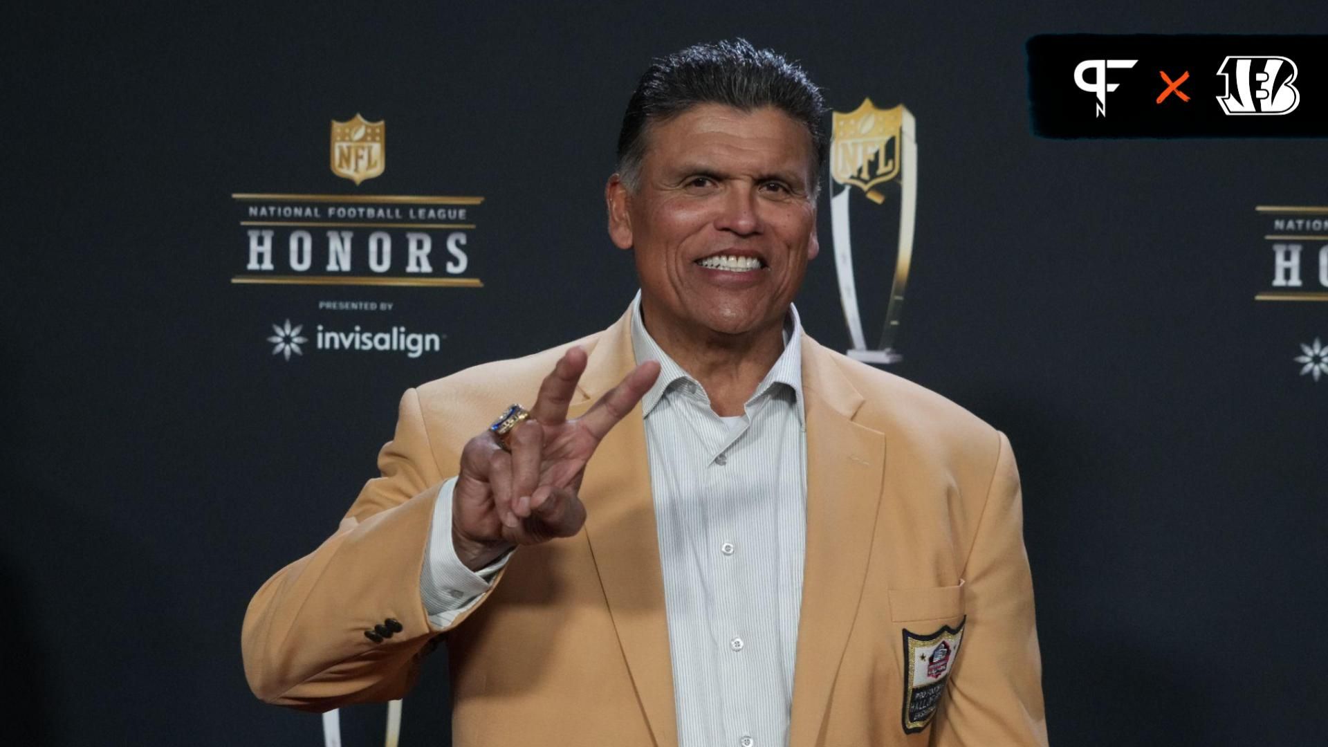 Former NFL offensive tackle Anthony Munoz poses for a photo on the red carpet before the NFL Honors award show at Symphony Hall.