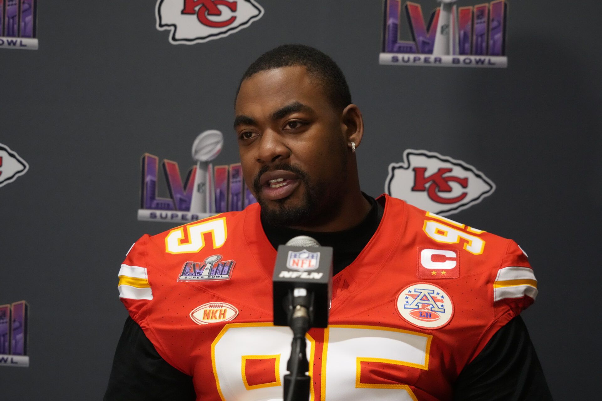 Kansas City Chiefs defensive tackle Chris Jones (95) during a press conference before Super Bowl LVIII at Westin Lake Las Vegas Resort and Spa.