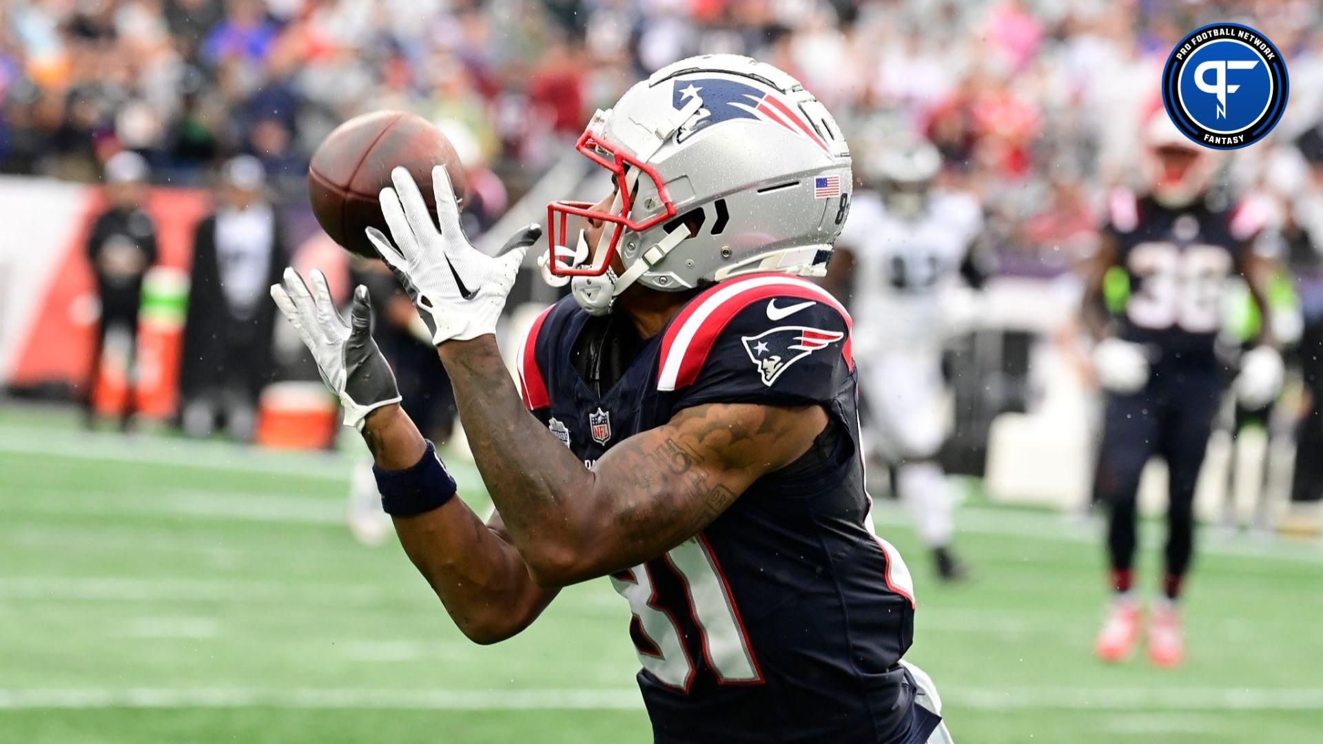 New England Patriots wide receiver Demario Douglas (81) makes a catch during the first half against the Philadelphia Eagles at Gillette Stadium.