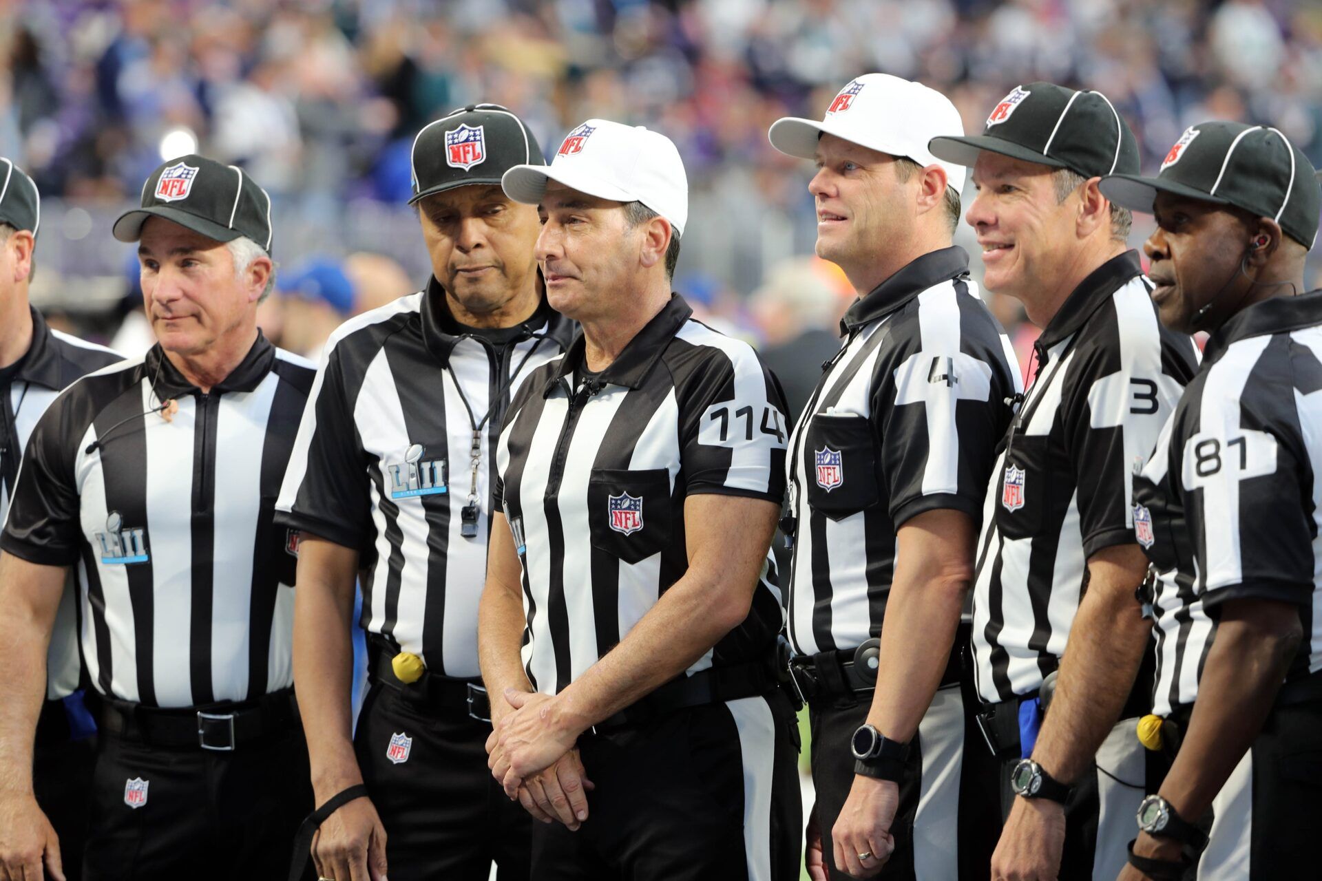 NFL referee Gene Steratore (114) and the other officials pose for a photo prior to Super Bowl LII at U.S. Bank Stadium.