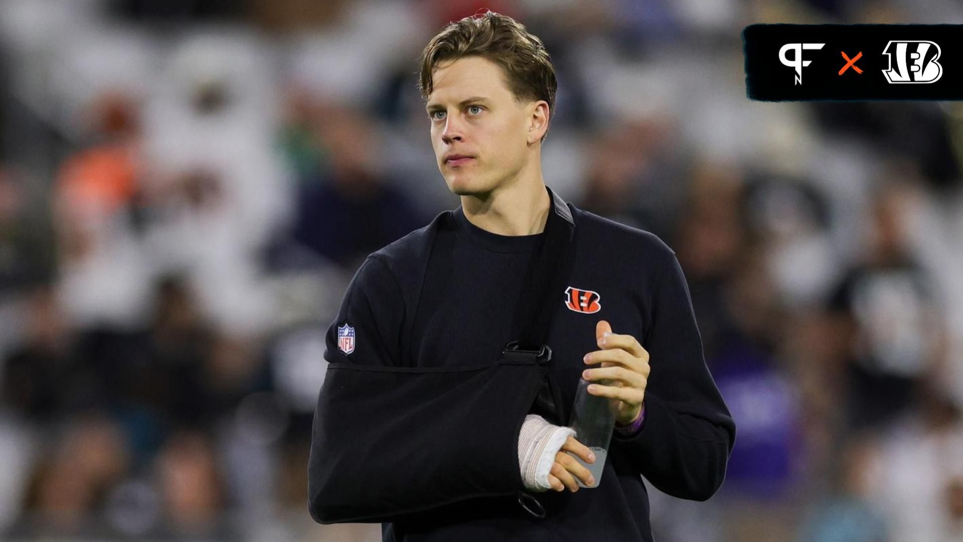 Cincinnati Bengals quarterback Joe Burrow (9) looks on from the field before a game against the Jacksonville Jaguars at EverBank Stadium.