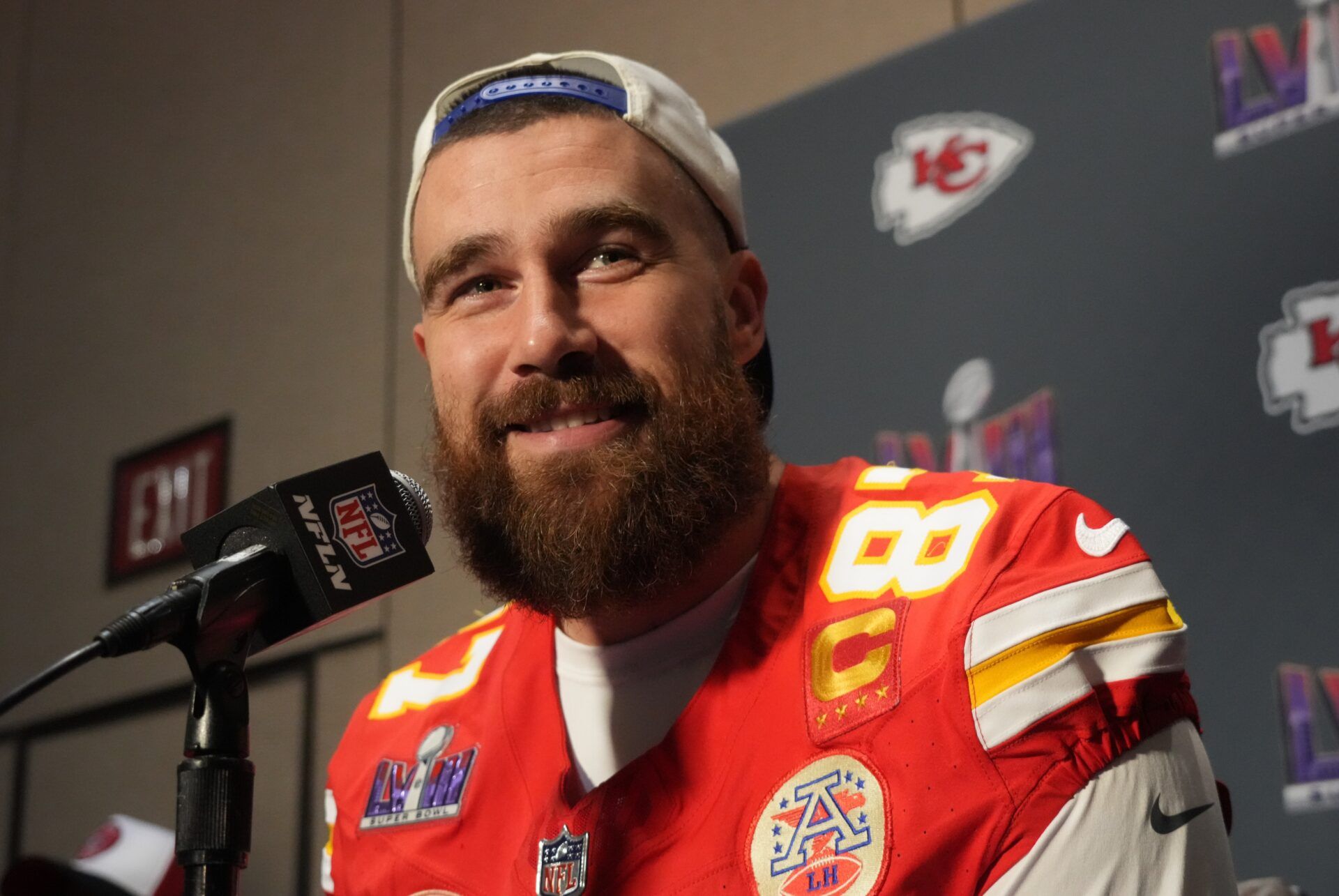 Kansas City Chiefs tight end Travis Kelce (87) during a press conference before Super Bowl LVIII at Westin Lake Las Vegas Resort and Spa.