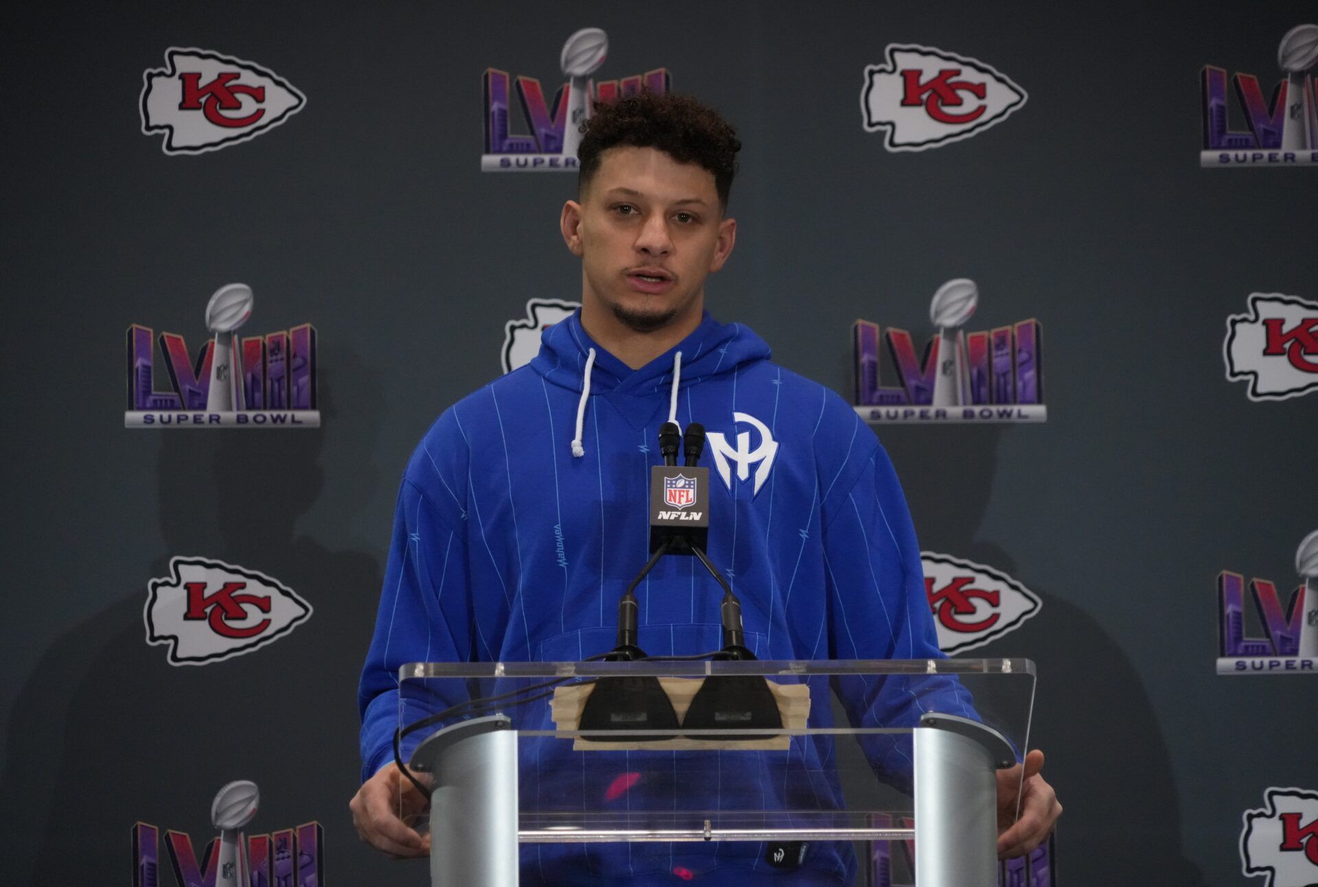 Kansas City Chiefs quarterback Patrick Mahomes (15) speaks during a press conference before Super Bowl LVIII at Westin Lake Las Vegas Resort and Spa.