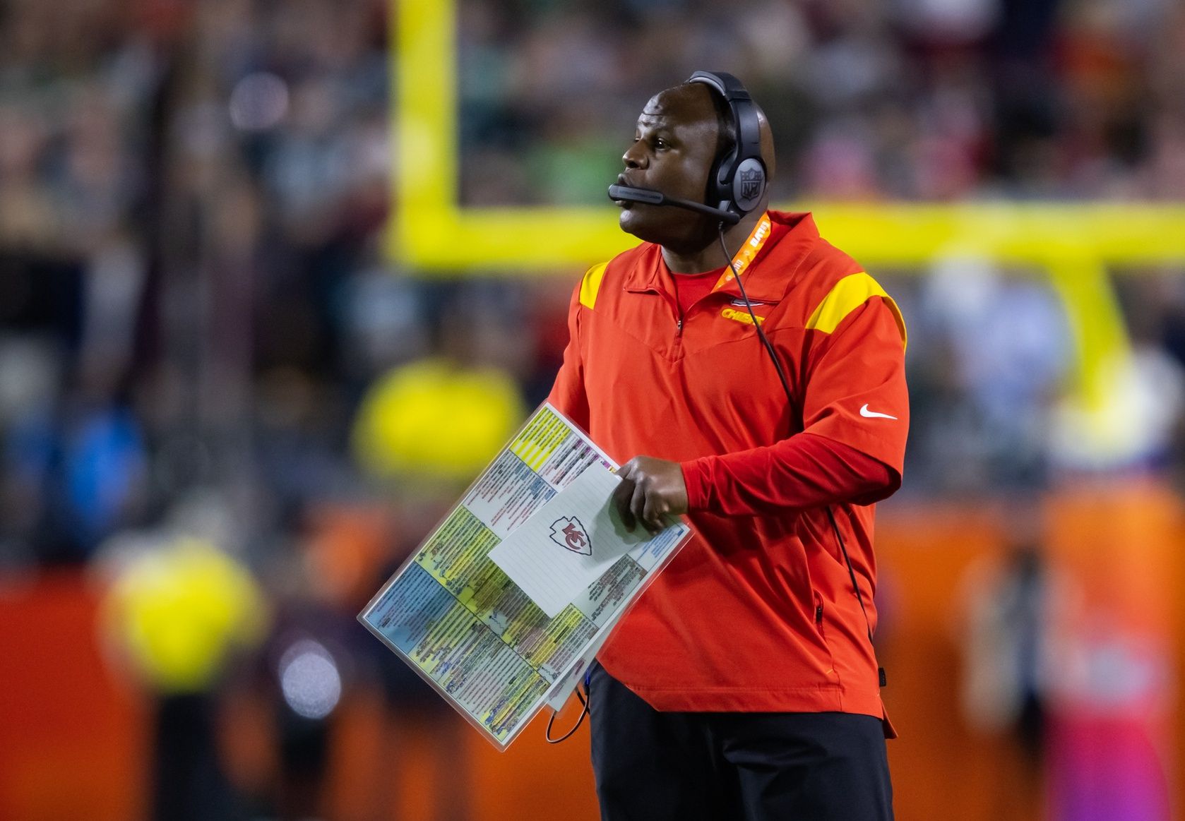 Kansas City Chiefs offensive coordinator Eric Bieniemy against the Philadelphia Eagles during Super Bowl LVII at State Farm Stadium.