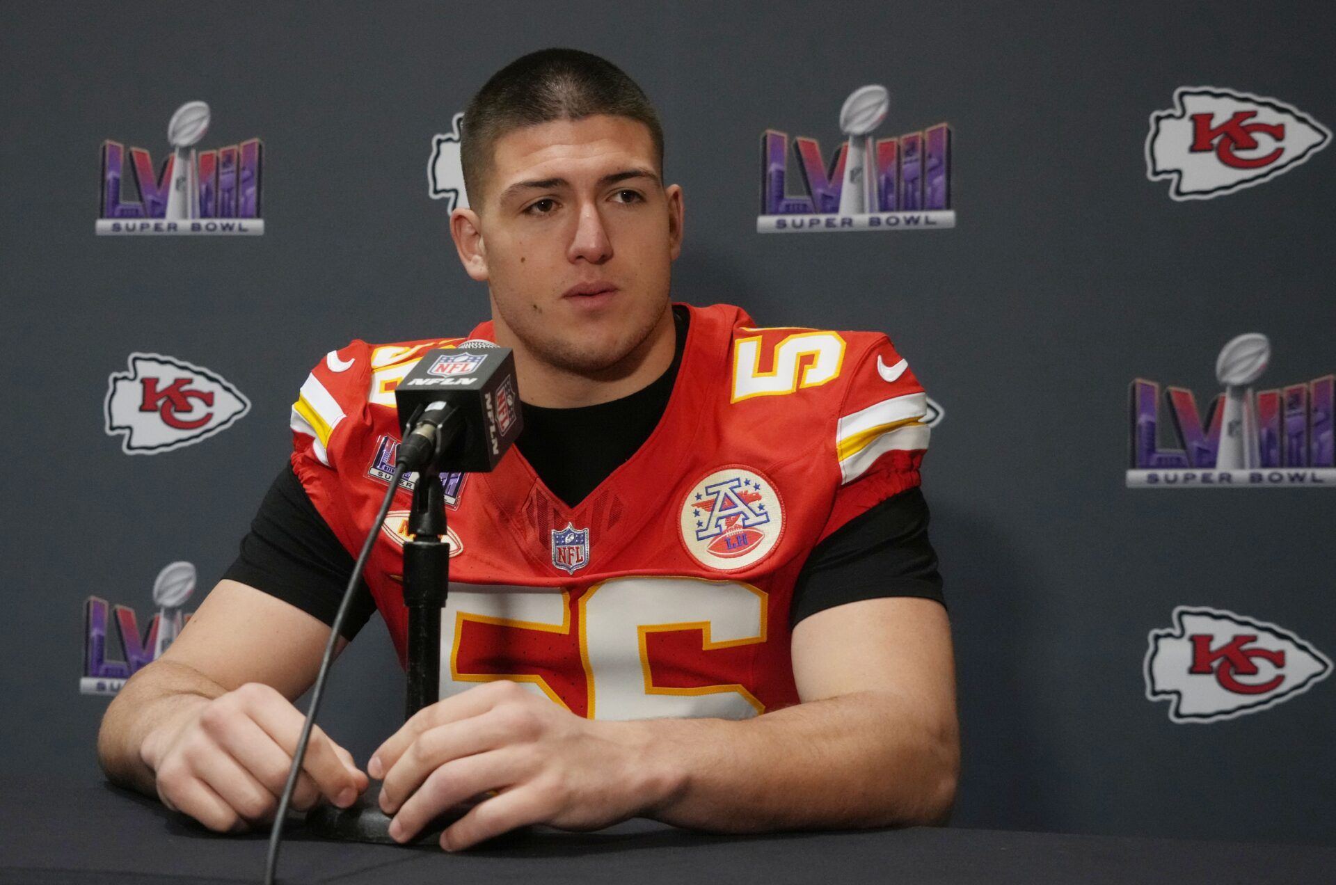 Kansas City Chiefs defensive end George Karlaftis (56)during a press conference before Super Bowl LVIII at Westin Lake Las Vegas Resort and Spa.