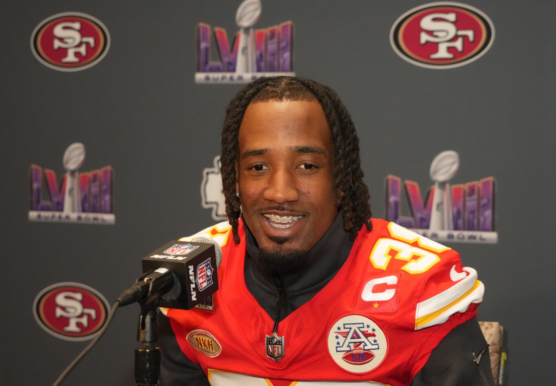 Kansas City Chiefs cornerback L'Jarius Sneed (38) during a press conference before Super Bowl LVIII at Westin Lake Las Vegas Resort and Spa.