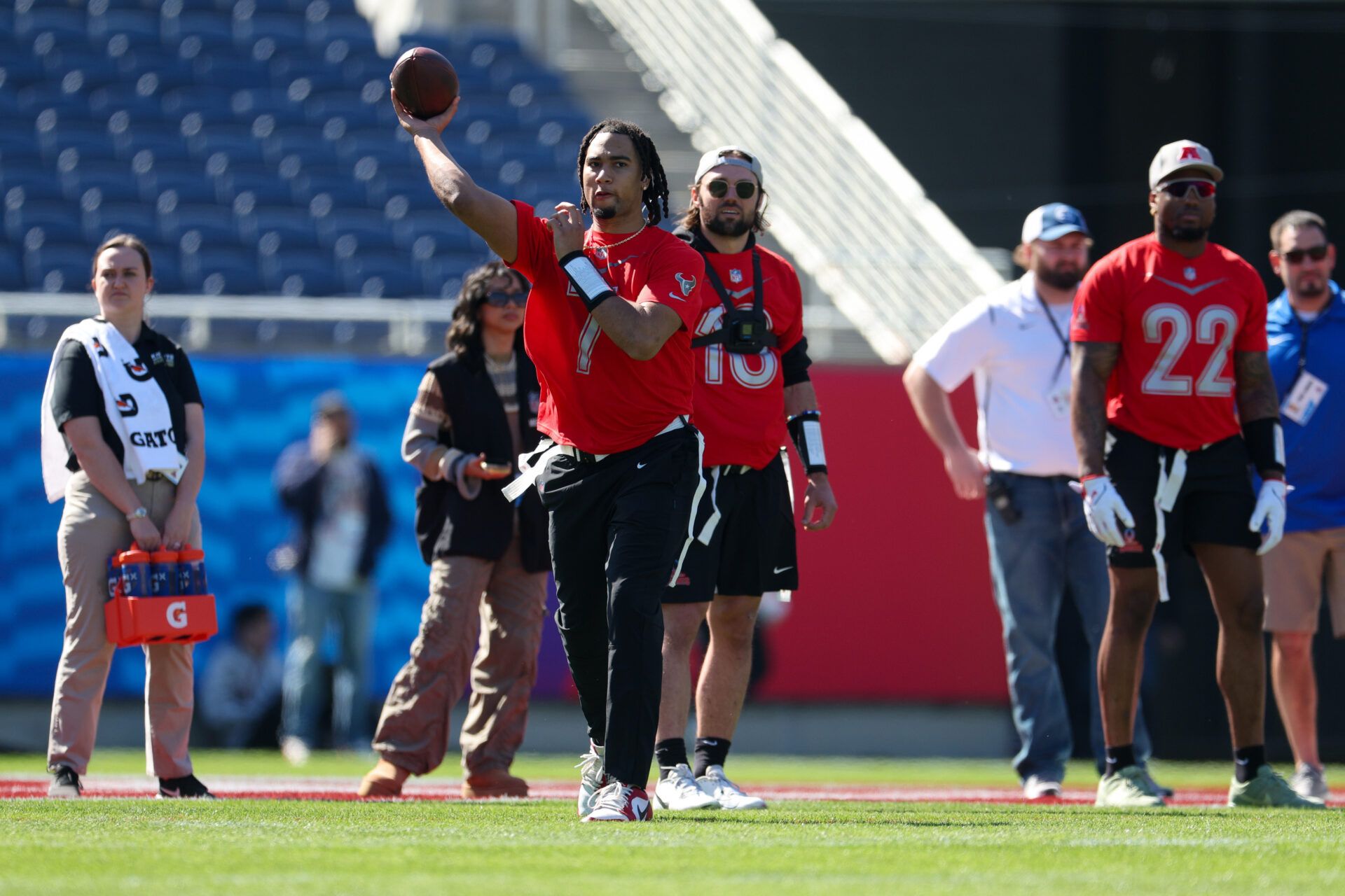 Houston Texans quarterback C.J. Stroud (7) participates in the AFC versus NFC Pro Bowl practice and media day at Camping World Stadium.