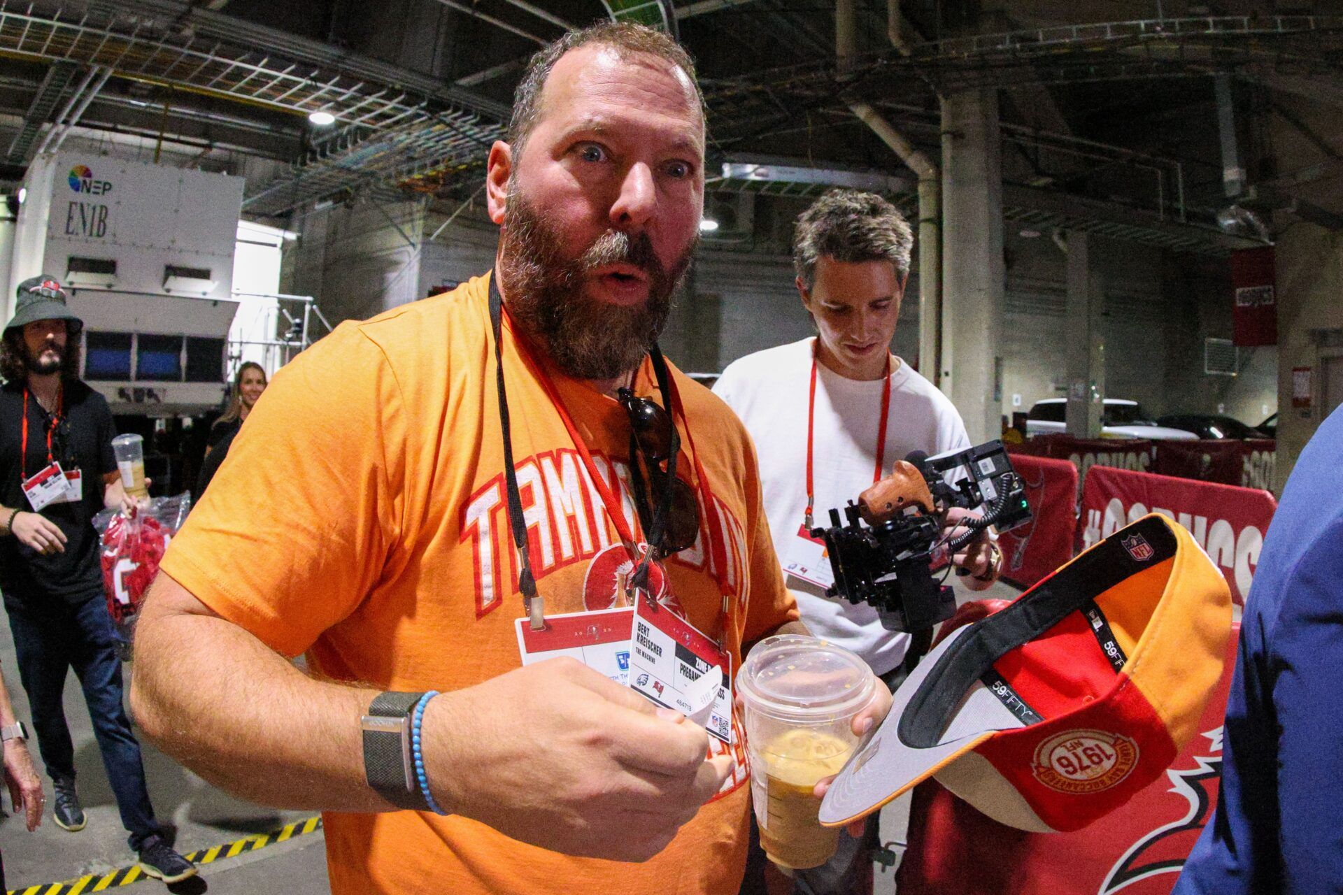 Comedian Bert Kreischer arrives for a game between the Philadelphia Eagles and Tampa Bay Buccaneers at Raymond James Stadium.