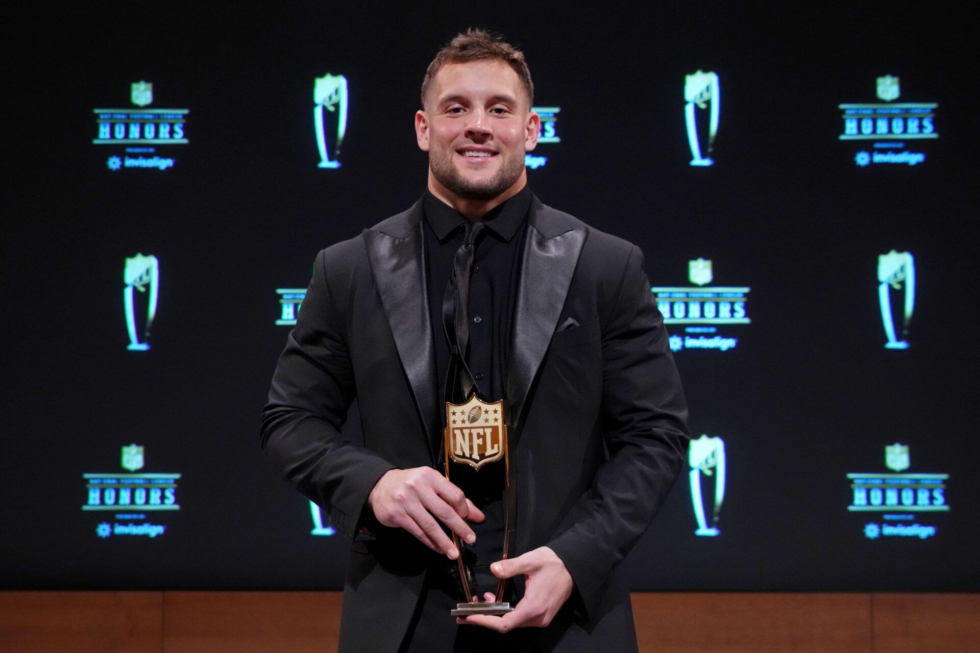 San Francisco 49ers defensive end Nick John Bosa poses for a photo after receiving the award for AP Defensive Player of the Year during the NFL Honors award show at Symphony Hall.