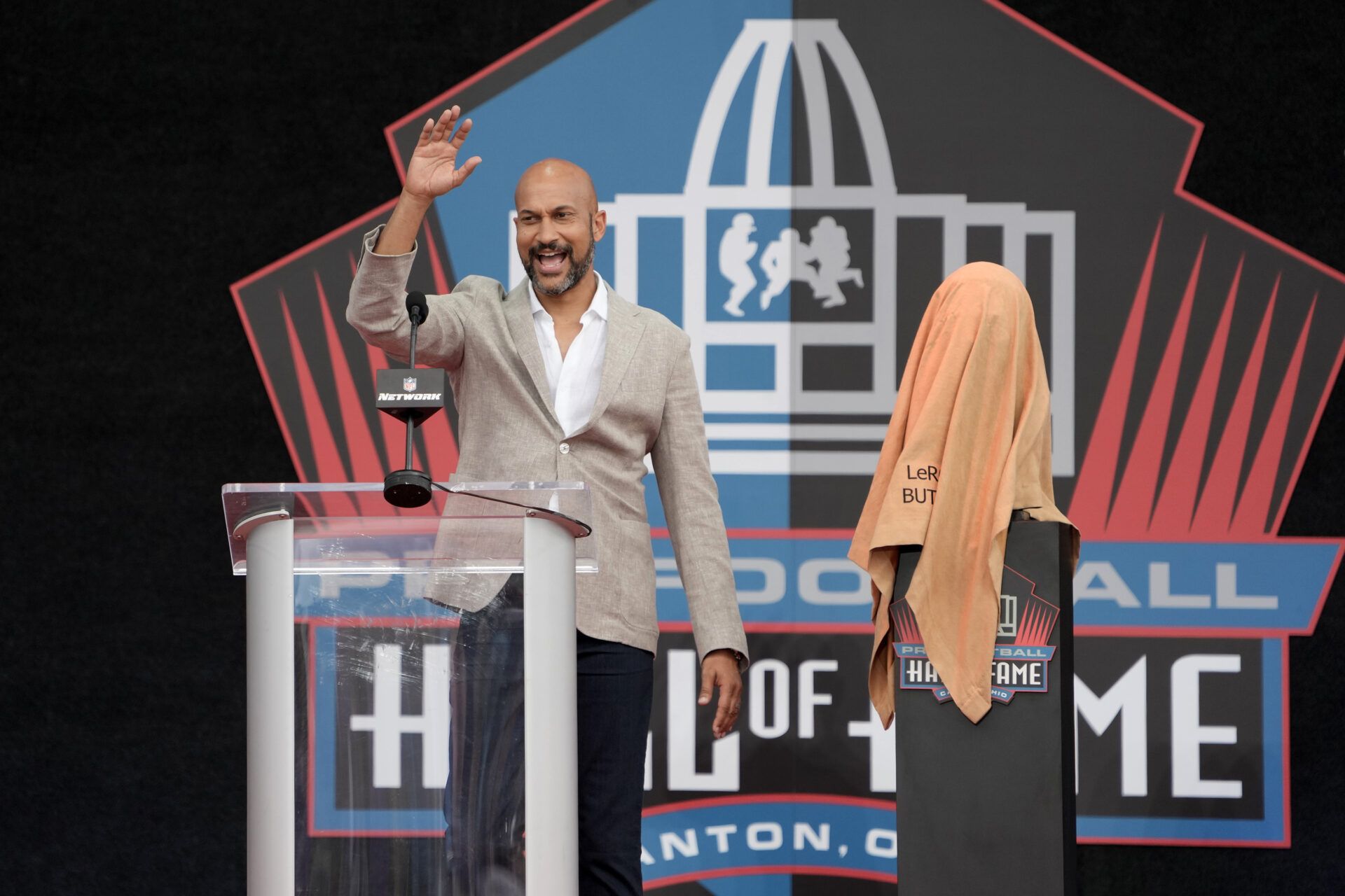 Keegan-Michael Key introduces the Pro Football Hall of Fame enshrinement ceremony class of 2022 at Tom Benson Hall of Fame Stadium.