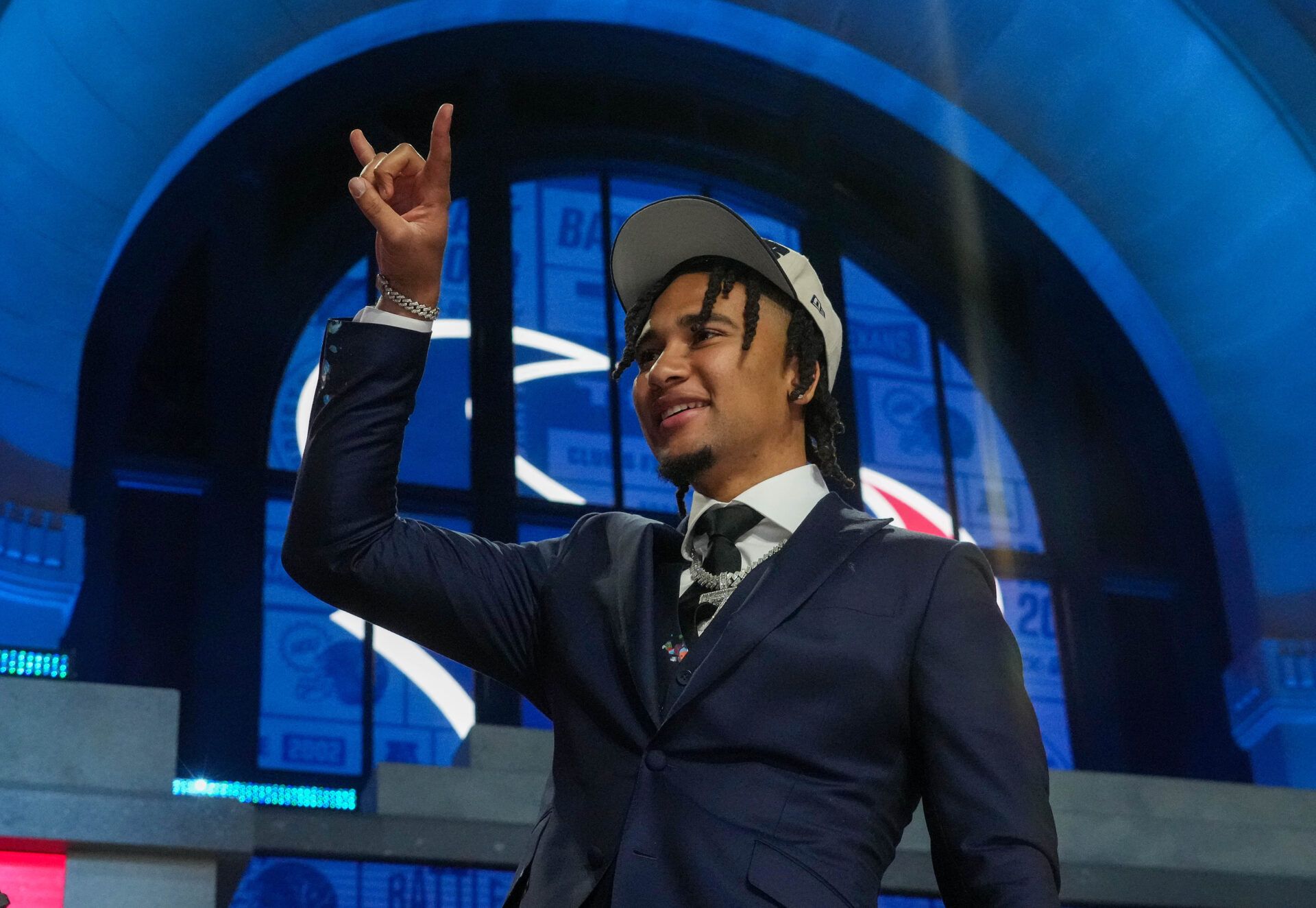 Ohio State quarterback C.J. Stroud reacts after being selected by the Houston Texans second overall in the first round of the 2023 NFL Draft at Union Station.