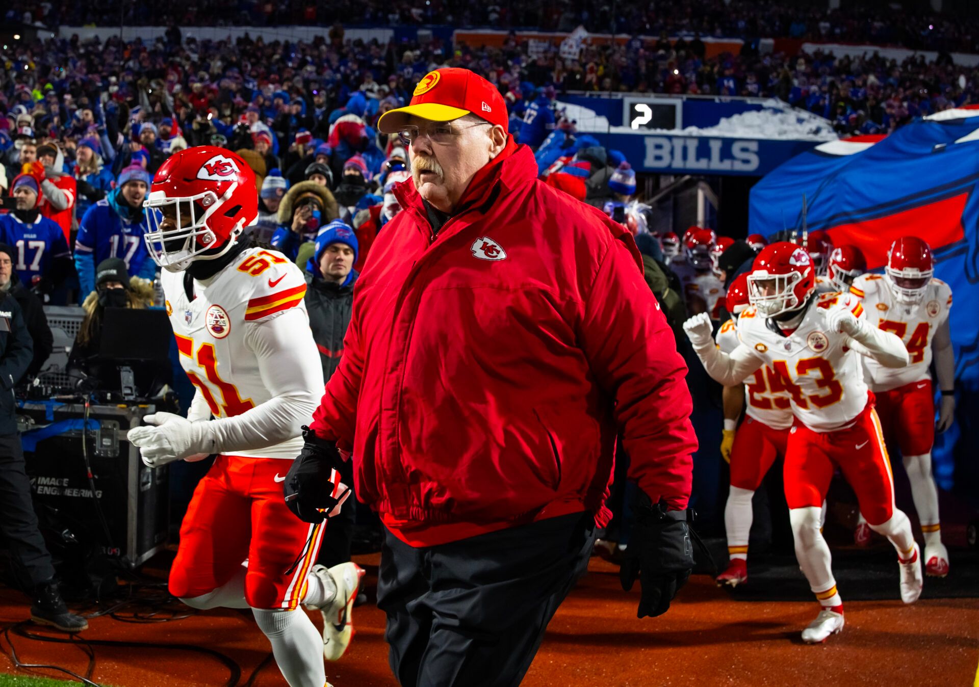 Jan 21, 2024; Orchard Park, New York, USA; Kansas City head coach Andy Reid against the Buffalo Bills for the 2024 AFC divisional round game at Highmark Stadium. Mandatory Credit: Mark J. Rebilas-USA TODAY Sports