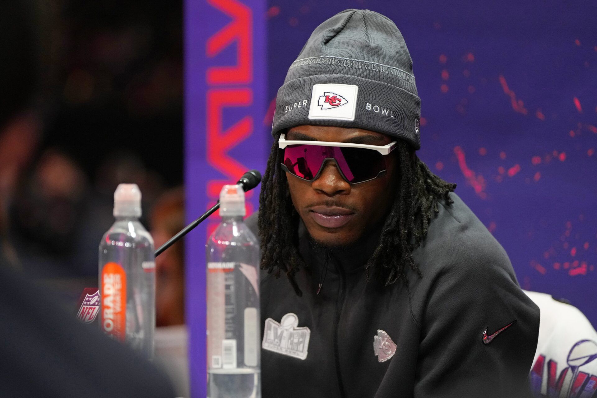 Kansas City Chiefs wide receiver Rashee Rice (4) talks to the media during Super Bowl LVIII Opening Night at Allegiant Stadium.