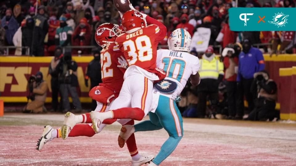 Kansas City Chiefs cornerback L'Jarius Sneed (38) and cornerback Trent McDuffie (22) break up a pass intended for Miami Dolphins wide receiver Tyreek Hill (10).