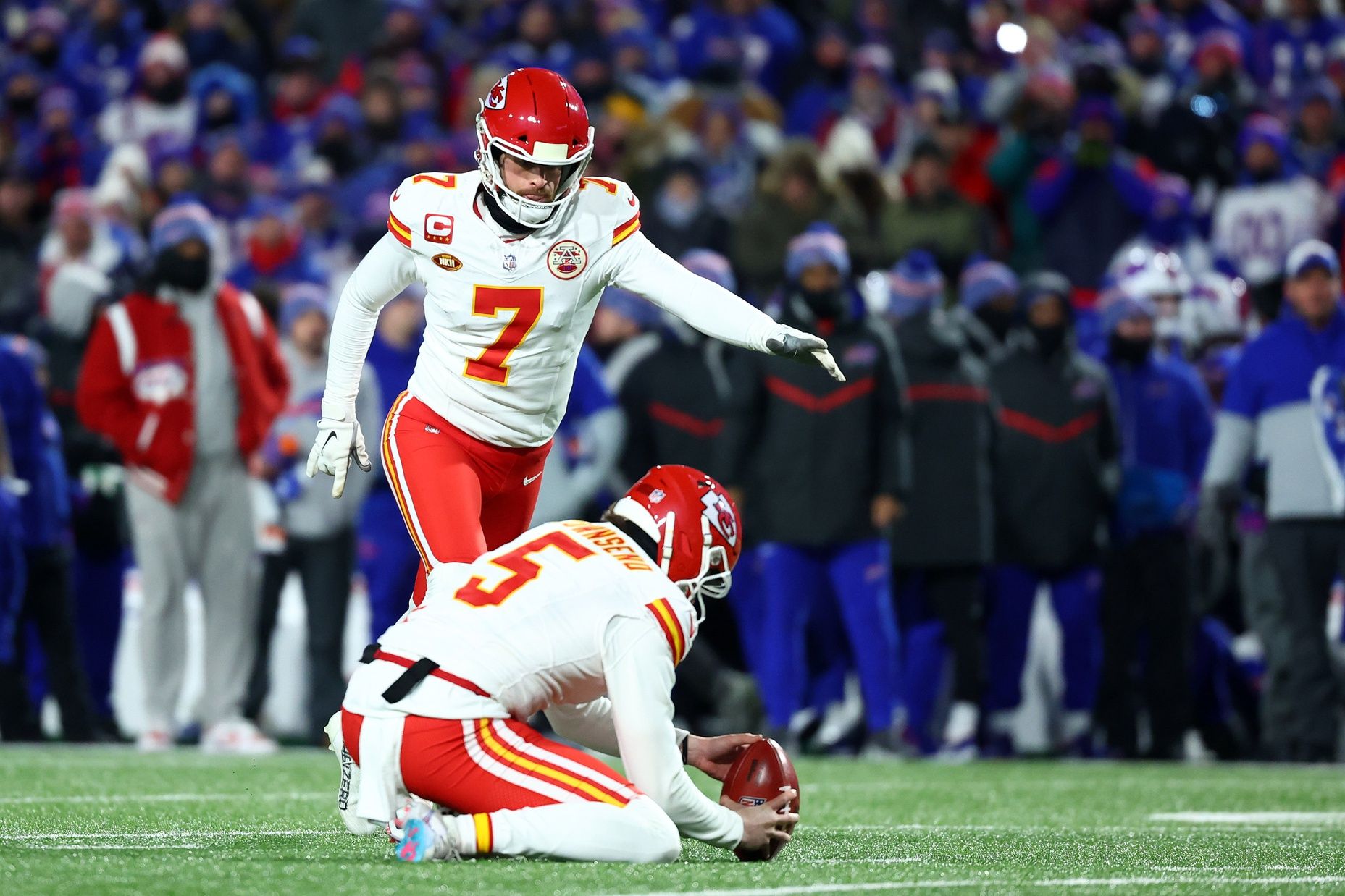 Kansas City Chiefs place kicker Harrison Butker (7) kicks a field goal against the Buffalo Bills during the first half for the 2024 AFC divisional round game at Highmark Stadium.