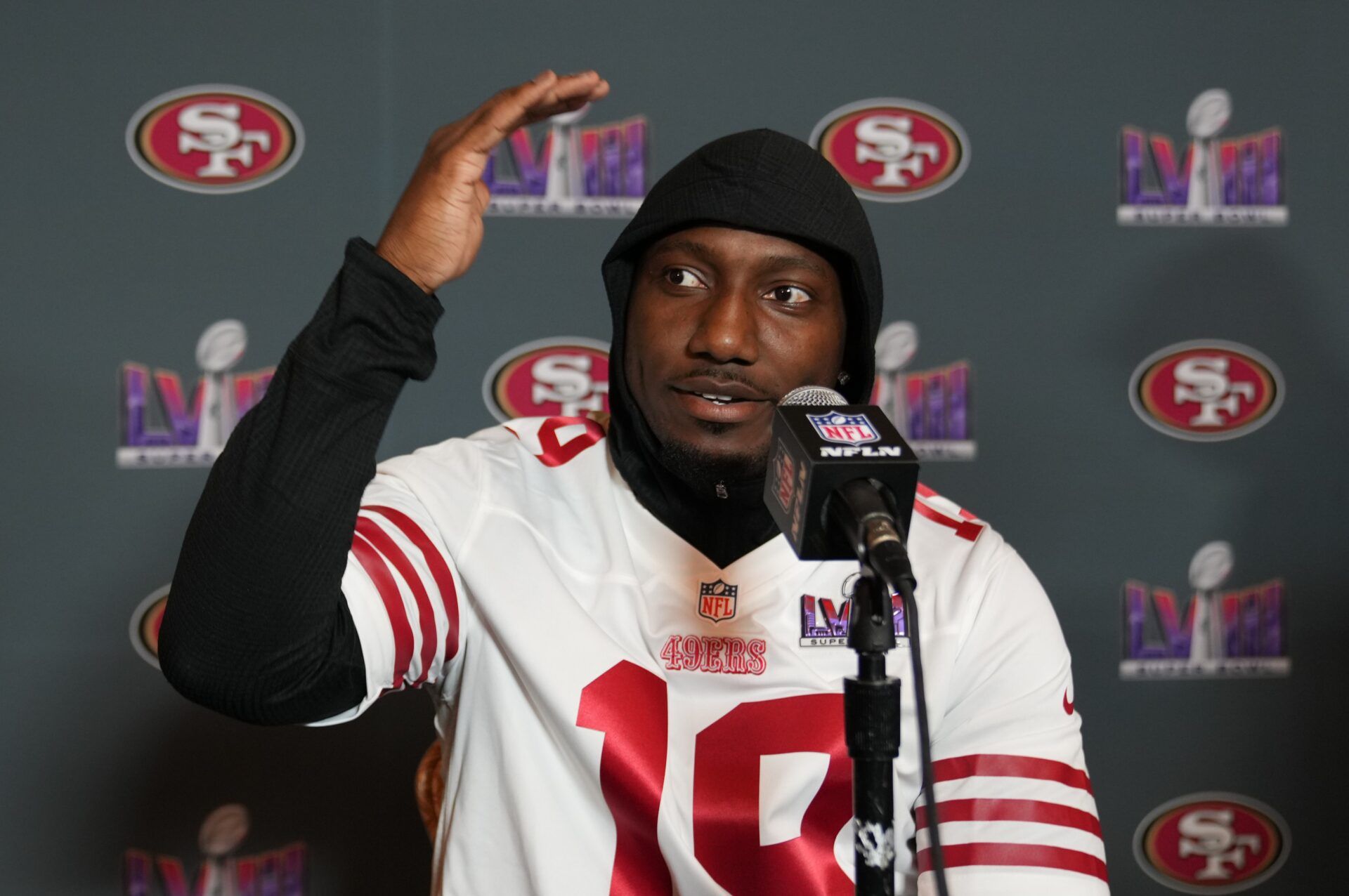 San Francisco 49ers wide receiver Deebo Samuel (19) during a press conference before Super Bowl LVIII at Hilton Lake Las Vegas Resort and Spa.