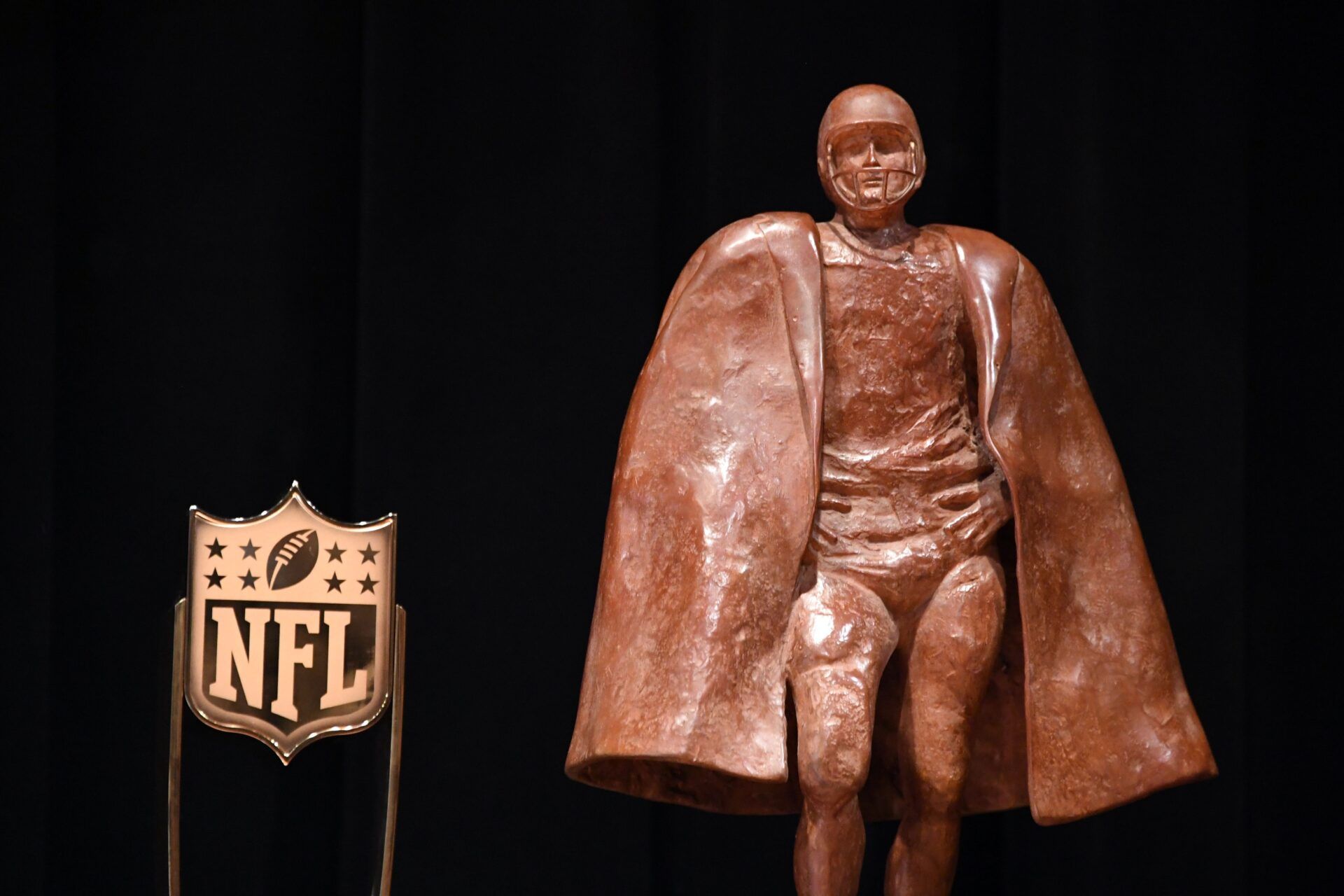 Walter Payton NFL Man of the Year trophy and the NFL Honors trophy during media availabilities during the NFL Honors show at Cyrus Northrop Memorial Auditorium at the University of Minnesota.