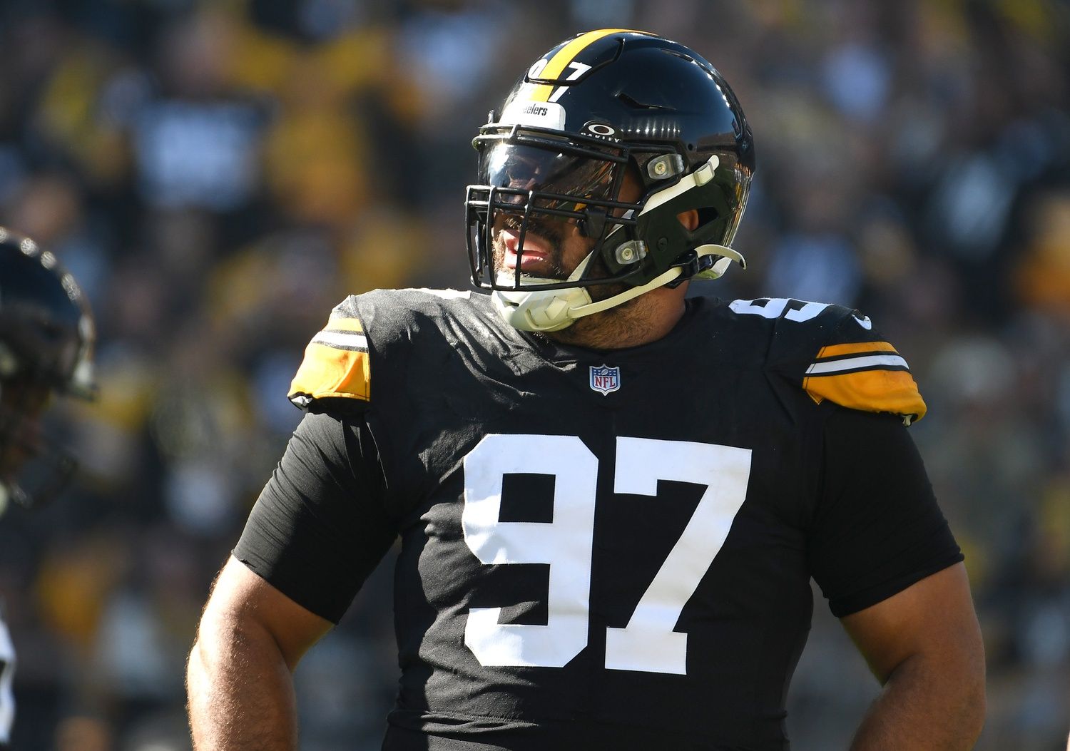 Pittsburgh Steelers defensive tackle Cameron Heyward (97) in between plays against the Green Bay Packers.