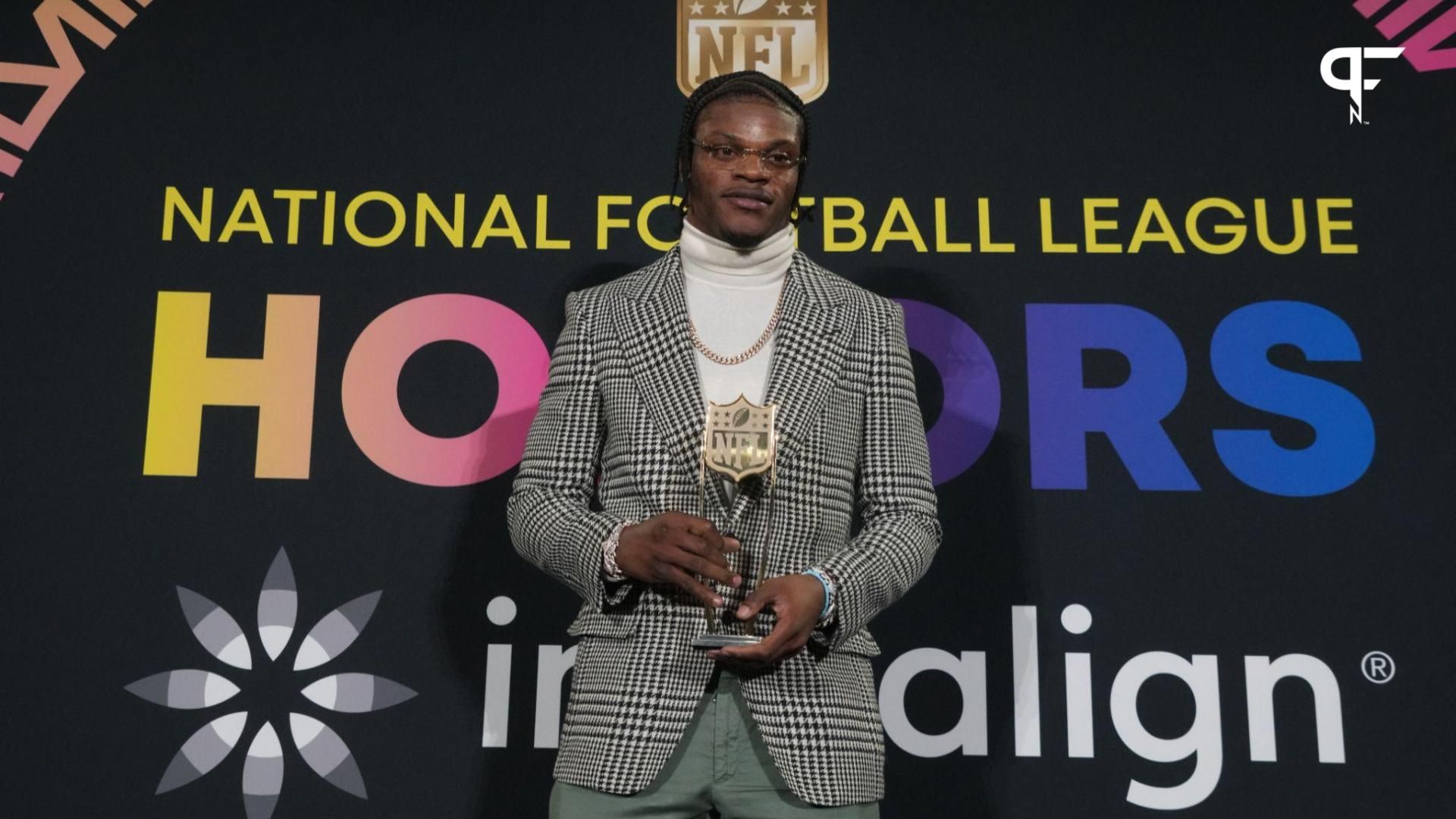 Lamar Jackson during the NFL Hall of Fame Class of 2024 press conference at Resorts World Theatre.