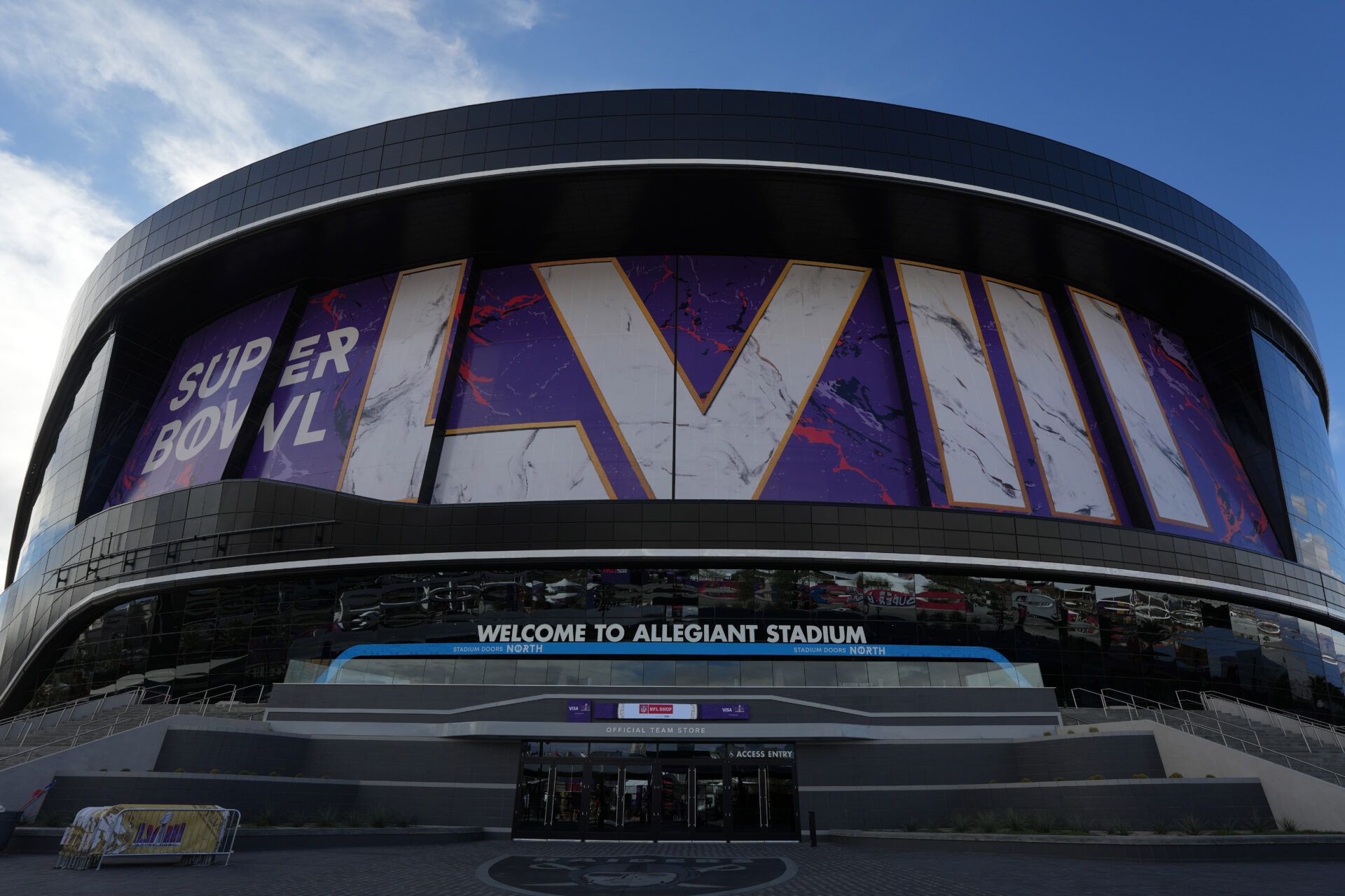 The Super Bowl 58 roman numerals on the Allegiant Stadium facade.