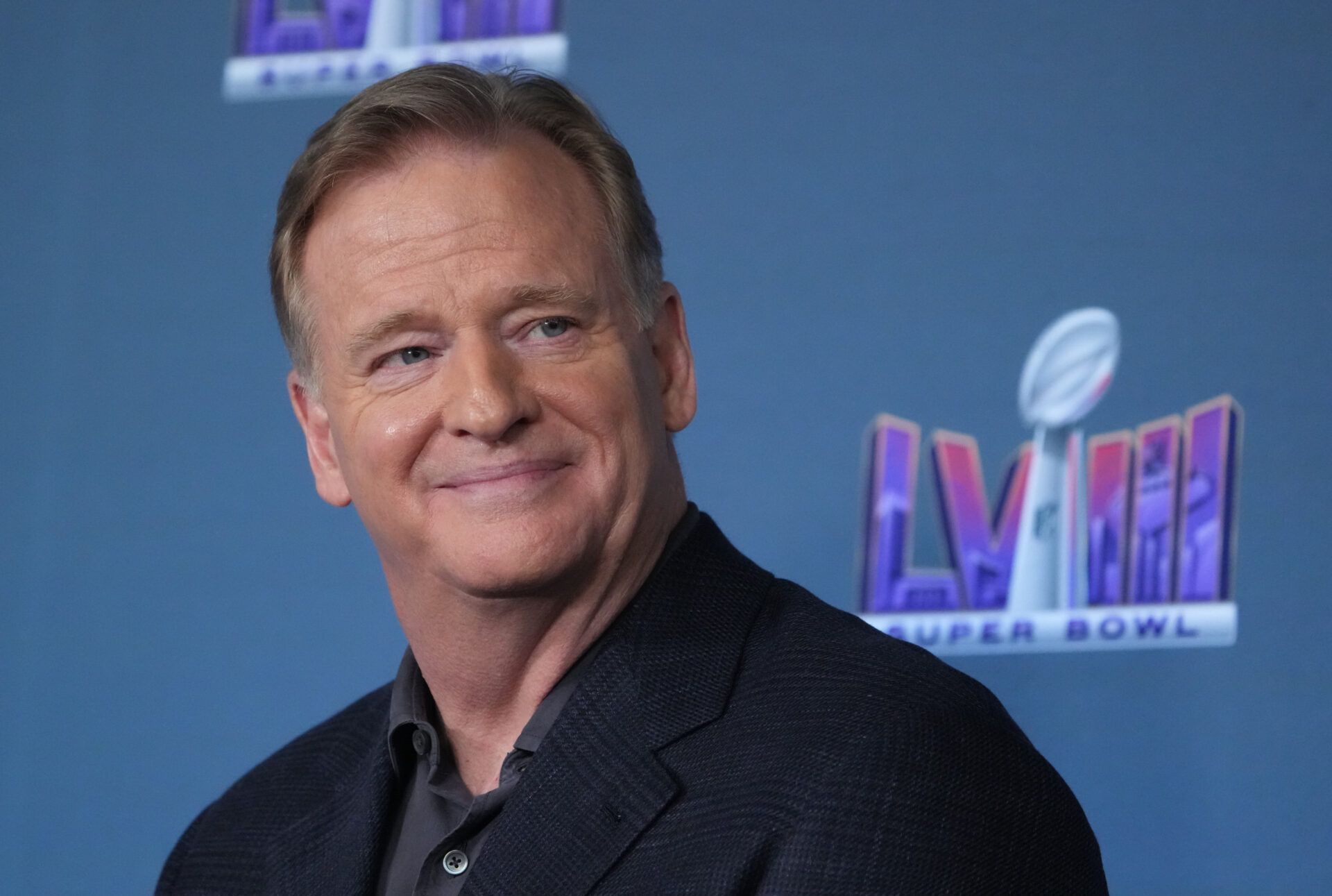 NFL commissioner Roger Goodell speaks at a press conference in advance of Super Bowl LVIII between the Kansas City Chiefs and San Francisco 49ers at Allegiant Stadium.