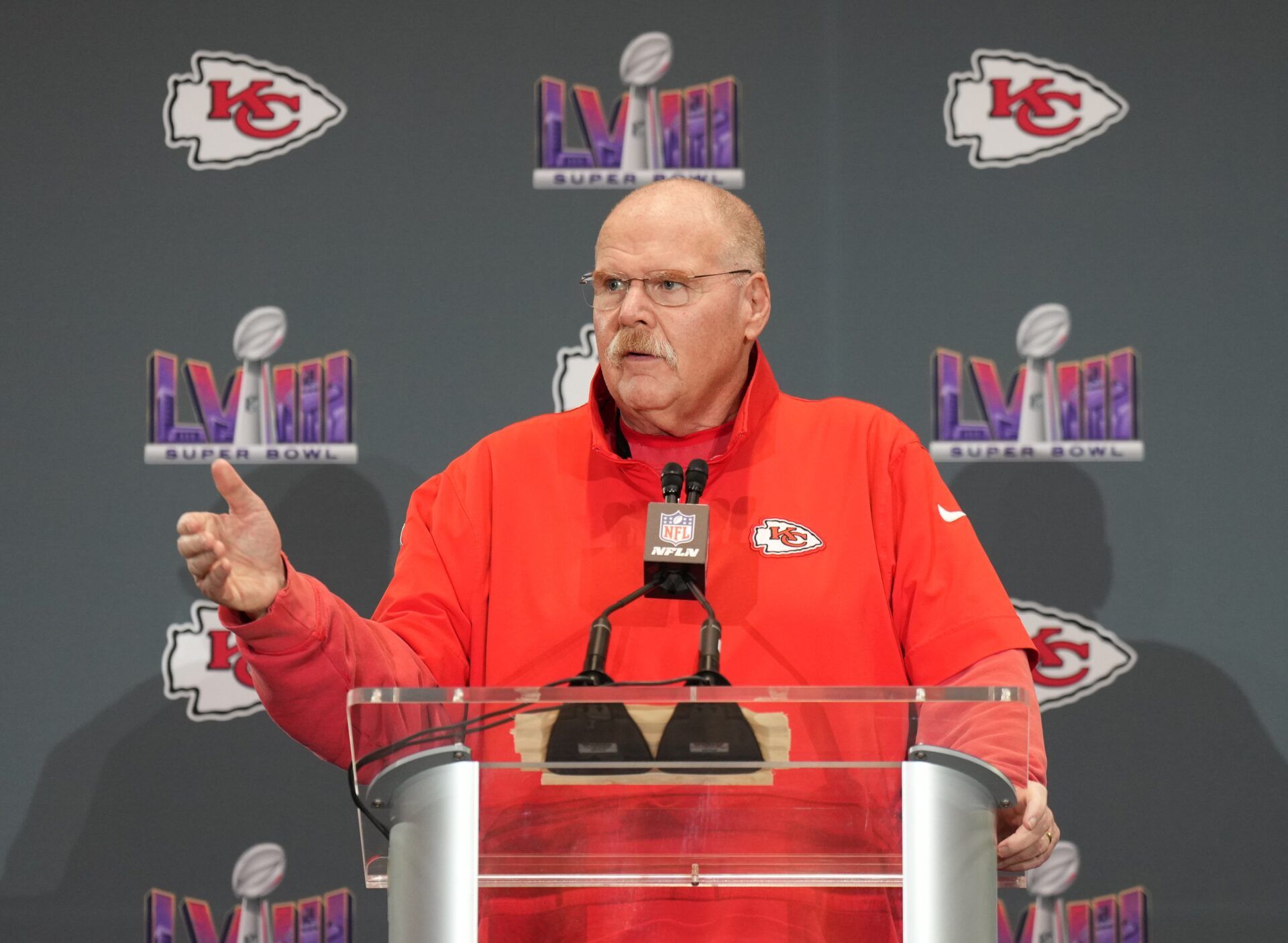 Kansas City Chiefs head coach Andy Reid during a press conference before Super Bowl LVIII at Westin Lake Las Vegas Resort and Spa.