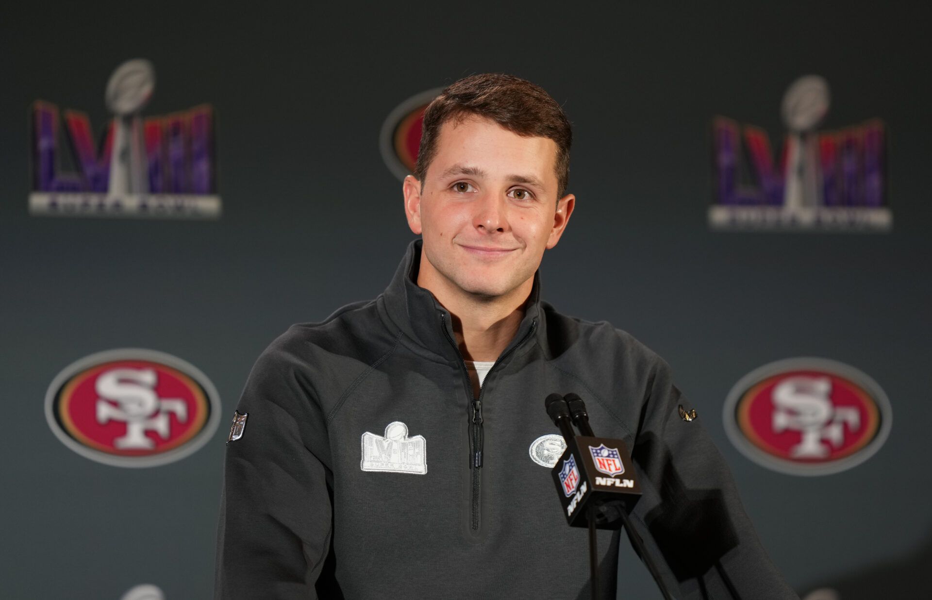 San Francisco 49ers quarterback Brock Purdy (13) speaks during a press conference before Super Bowl LVIII at Hilton Lake Las Vegas Resort and Spa.