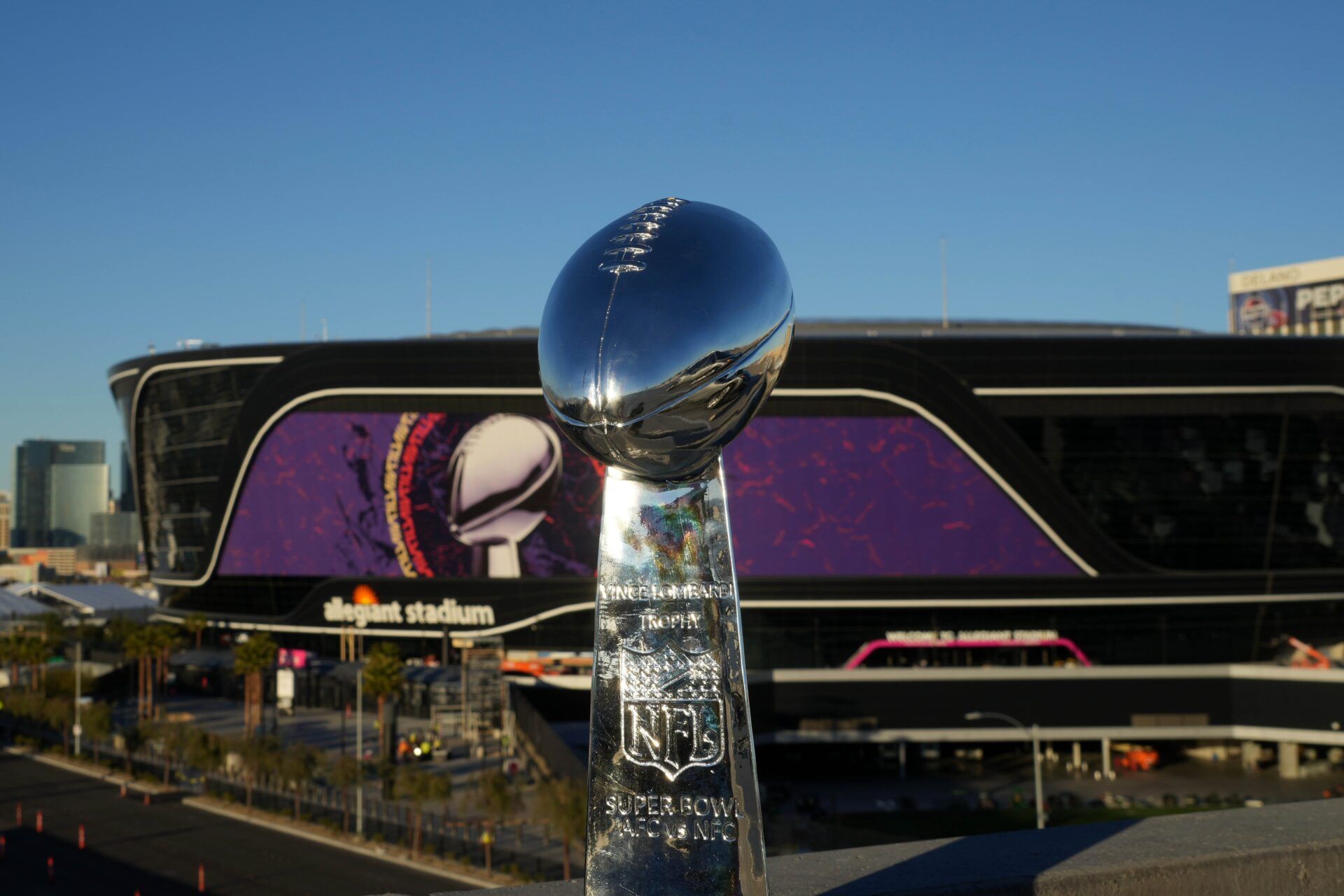 The Vince Lombardi trophy before Super Bowl LVIII at Allegiant Stadium.