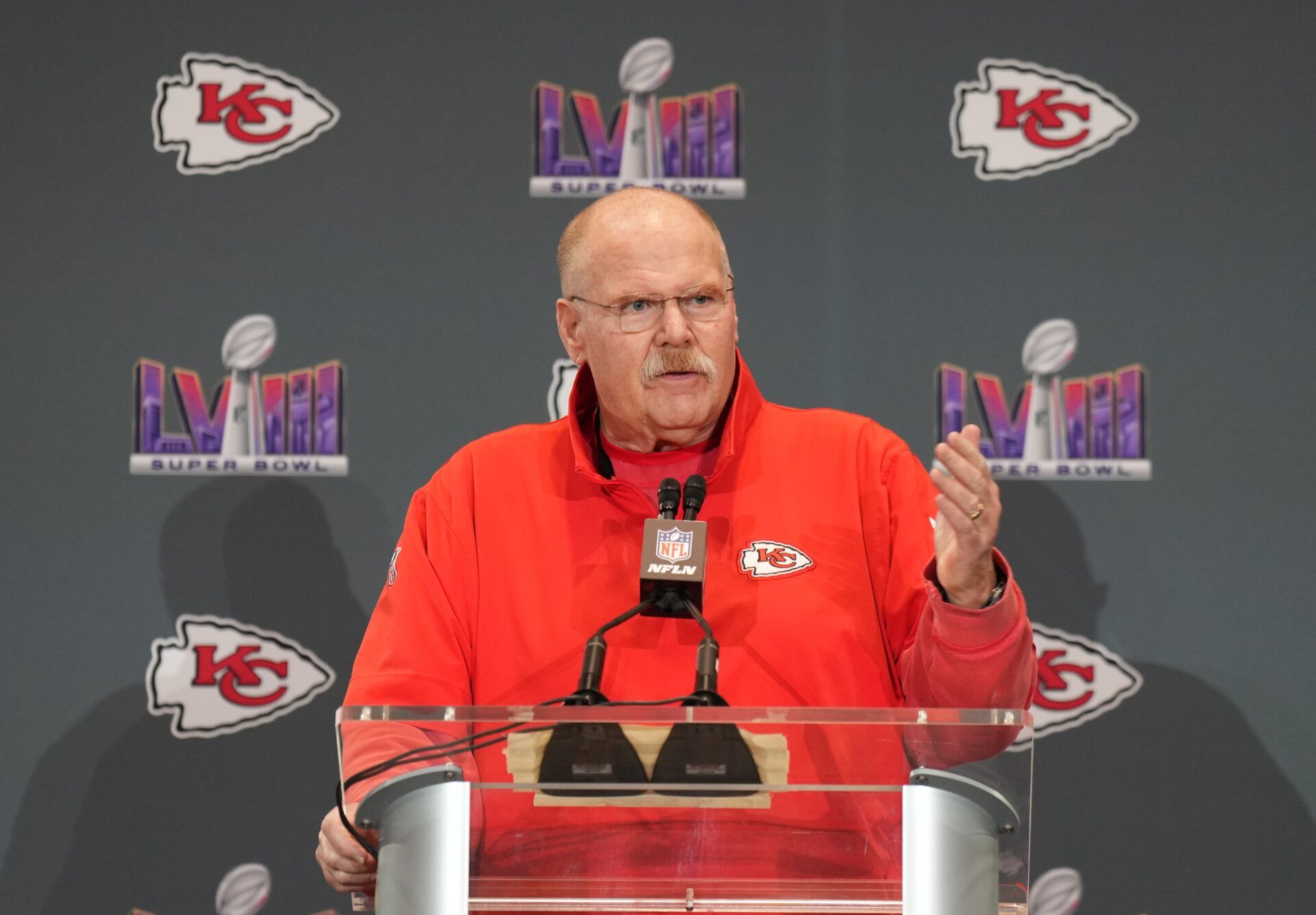 Kansas City Chiefs head coach Andy Reid during a press conference before Super Bowl LVIII at Westin Lake Las Vegas Resort and Spa.