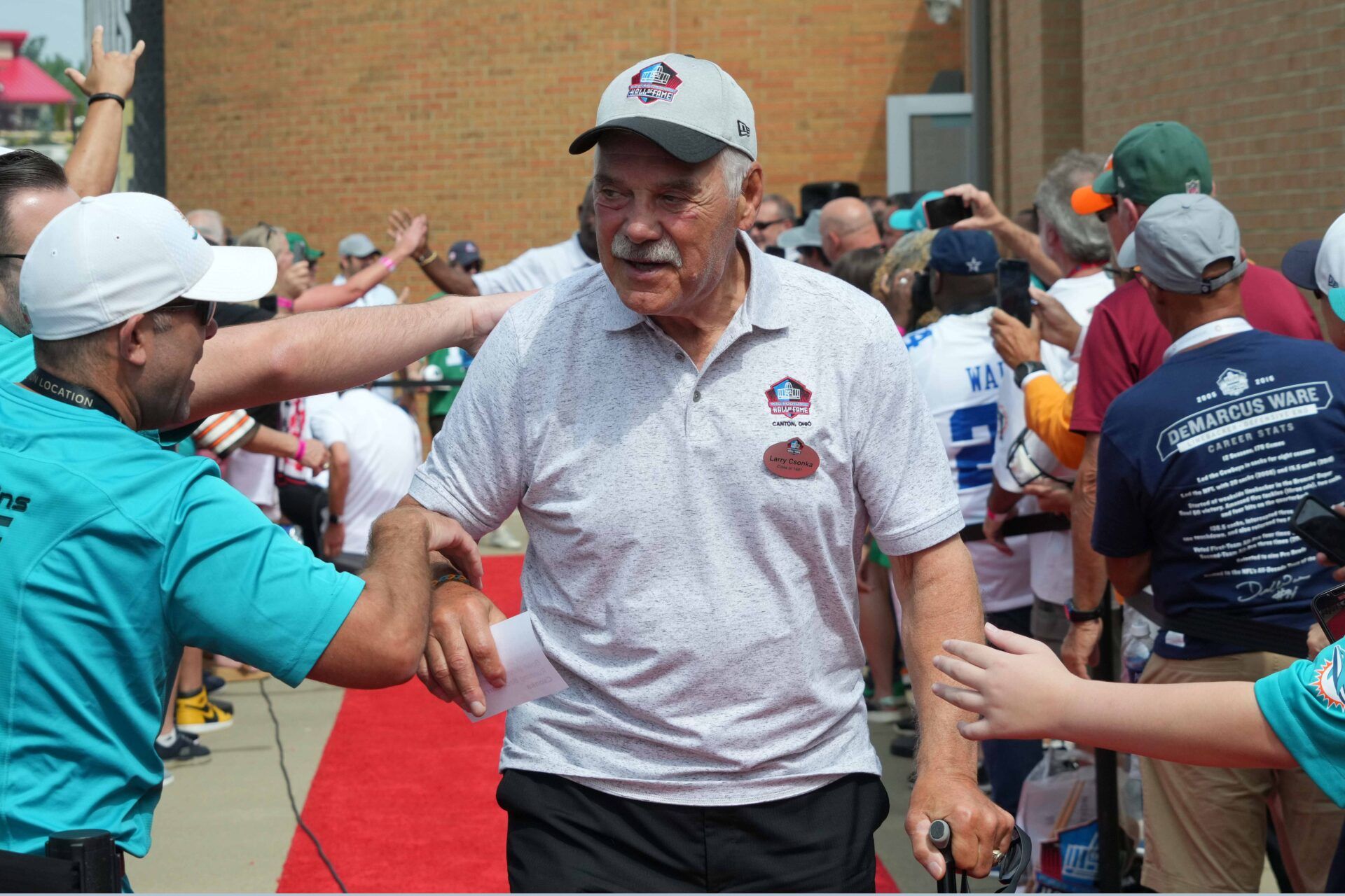 Larry Csonka arrives on the red carpet during the 2023 Pro Football Hall of Fame Enshrinement at Tom Benson Hall of Fame Stadium.