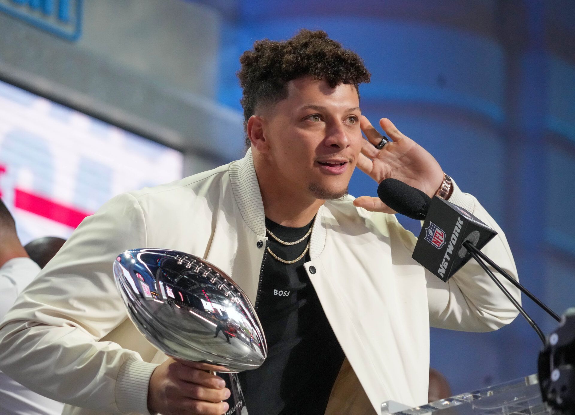 Kansas City Chiefs quarterback Patrick Mahomes greets fans during the first round of the 2023 NFL Draft at Union Station.