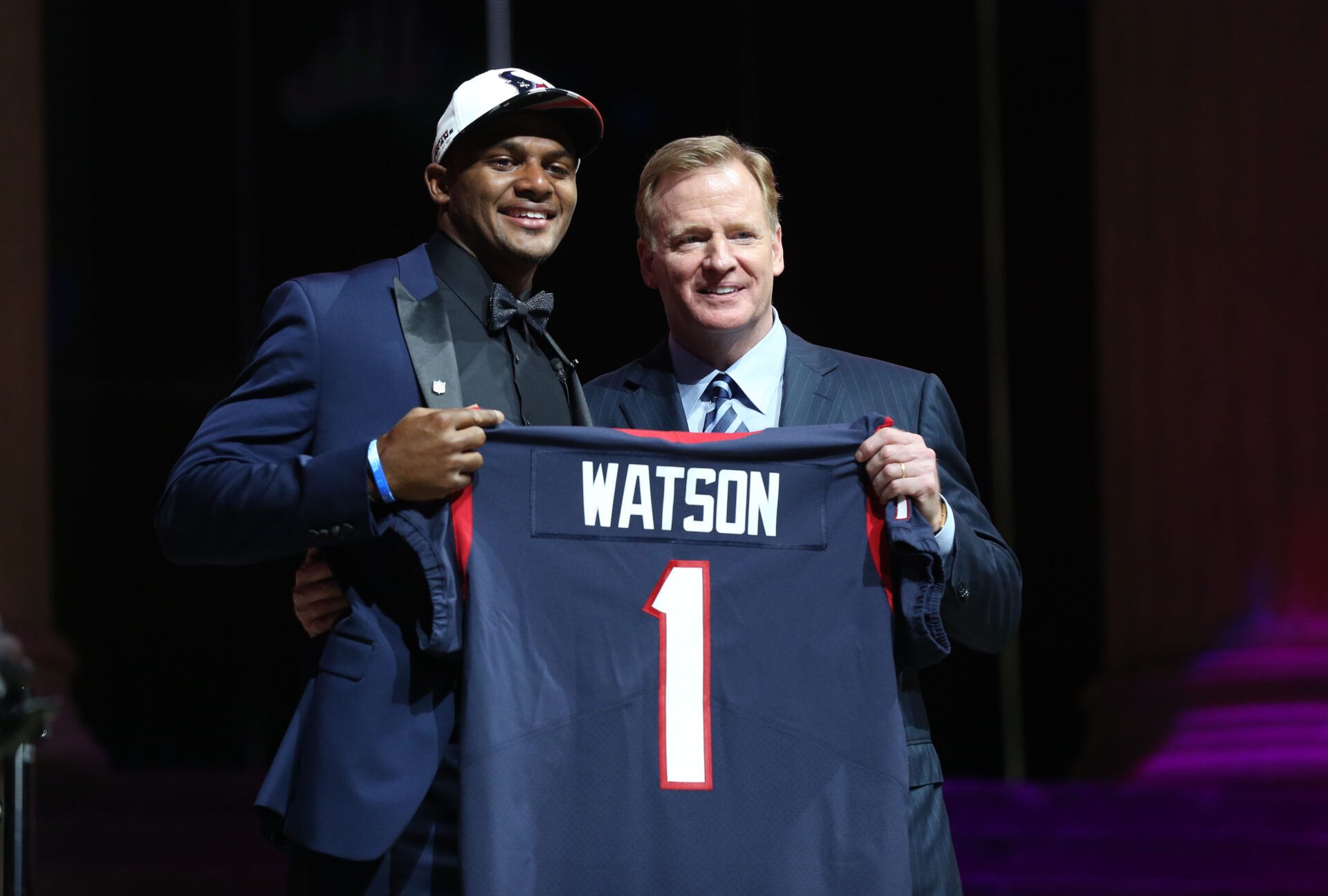 Deshaun Watson (Clemson) poses with NFL commissioner Roger Goodell (right) as he is selected as the number 12 overall pick to the Houston Texans in the first round the 2017 NFL Draft at the Philadelphia Museum of Art.