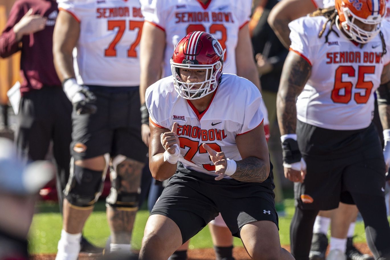 National offensive lineman Sataoa Laumea of Utah (73) drills during practice for the National team at Hancock Whitney Stadium.