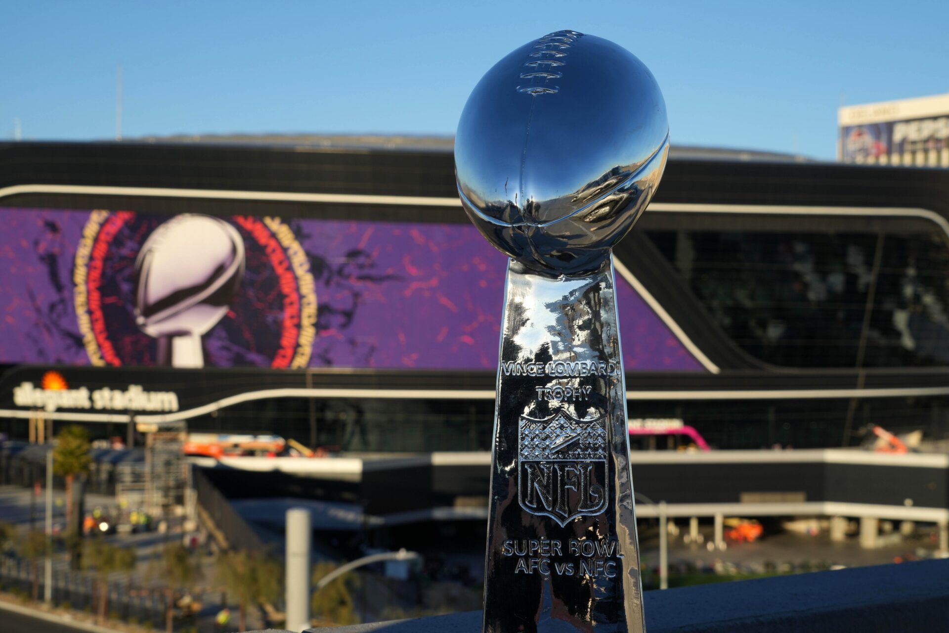 The Vince Lombardi trophy before Super Bowl LVIII at Allegiant Stadium.