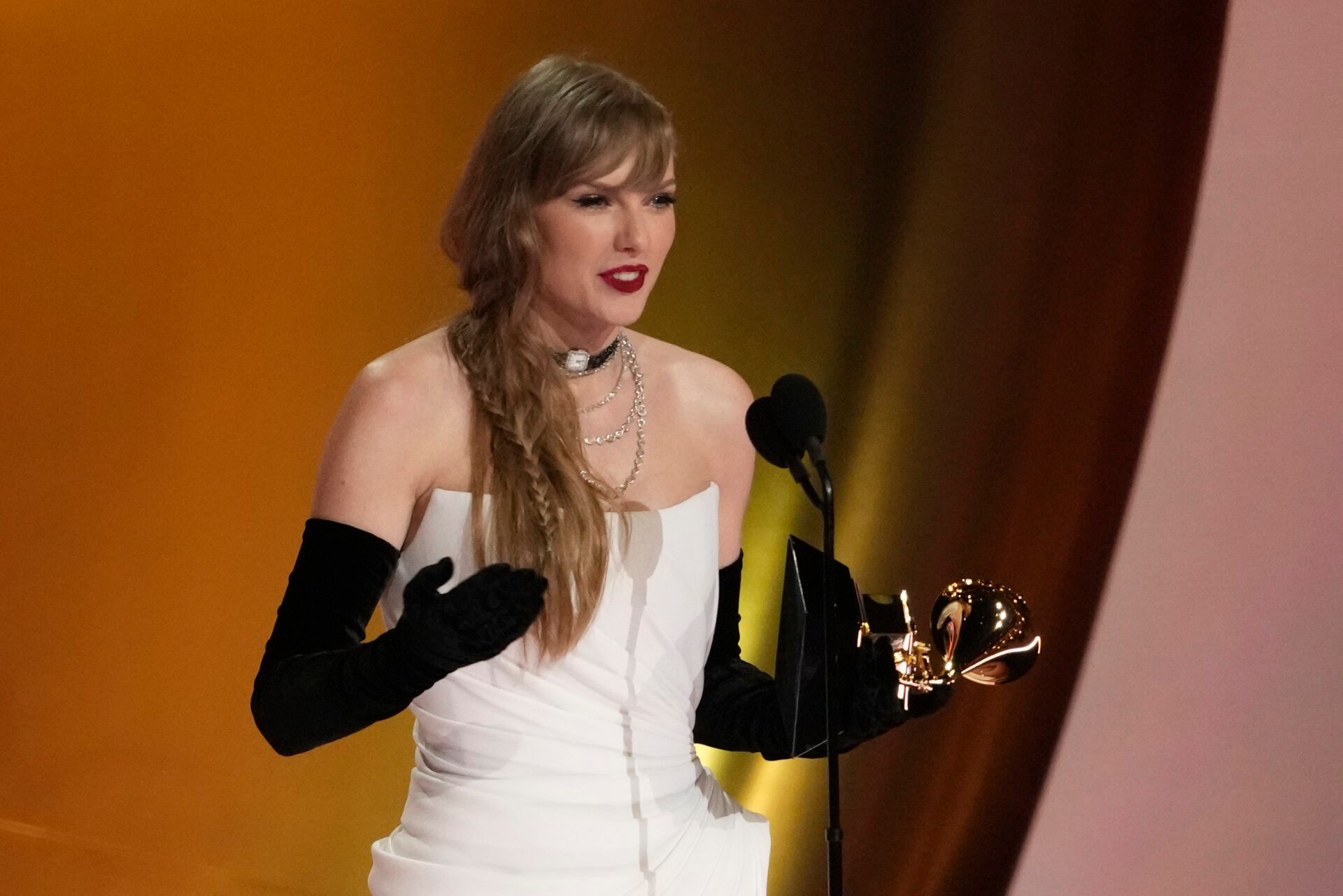 Taylor Swift accepts the award for best pop vocal album during the 66th Annual Grammy Awards at Crypto.com Arena in Los Angeles on Sunday, Feb. 4, 2024.