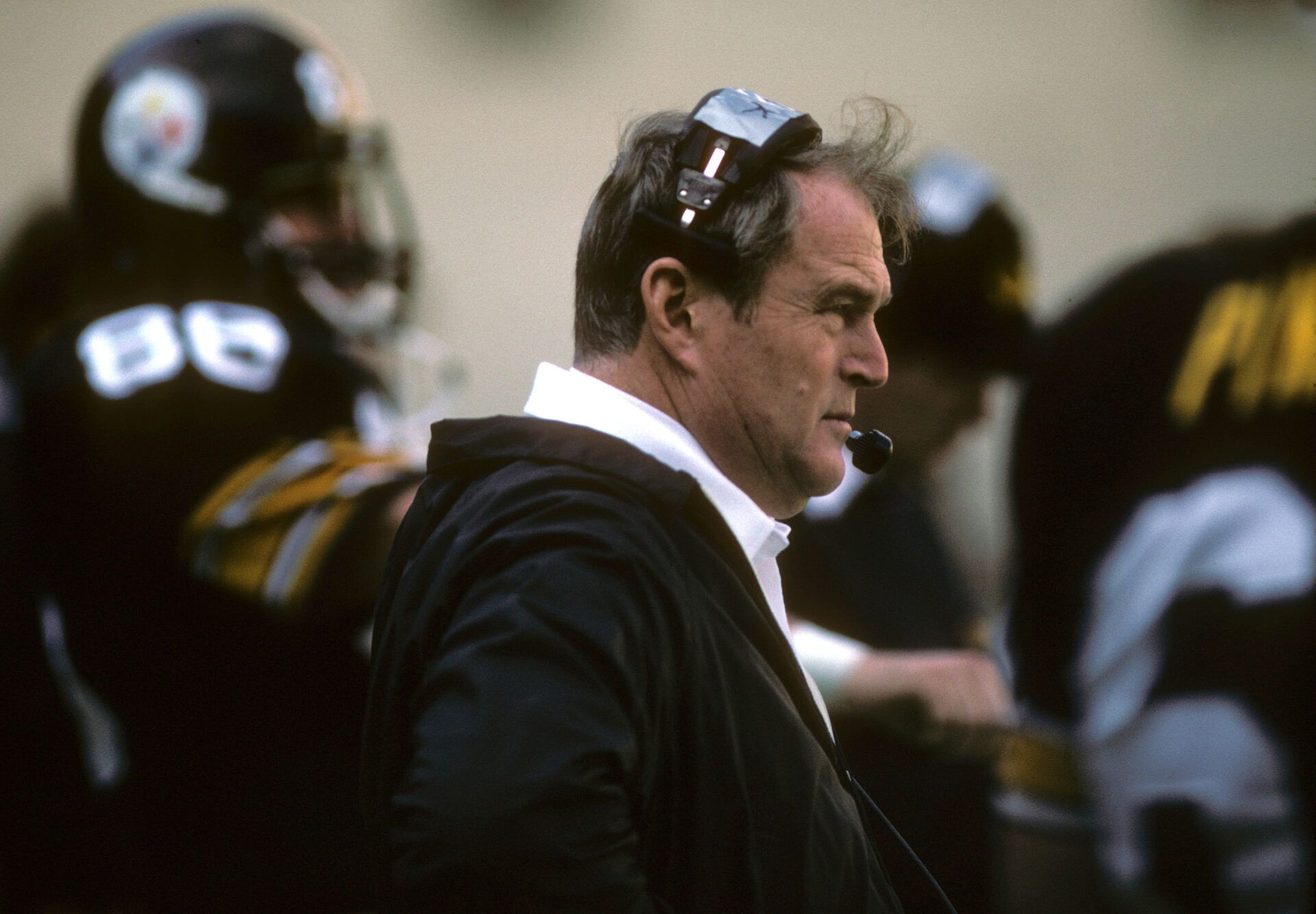 Pittsburgh Steelers head coach Chuck Noll on the sidelines against the Denver Broncos at Three Rivers Stadium. The Broncos beat the Steelers 31-23.