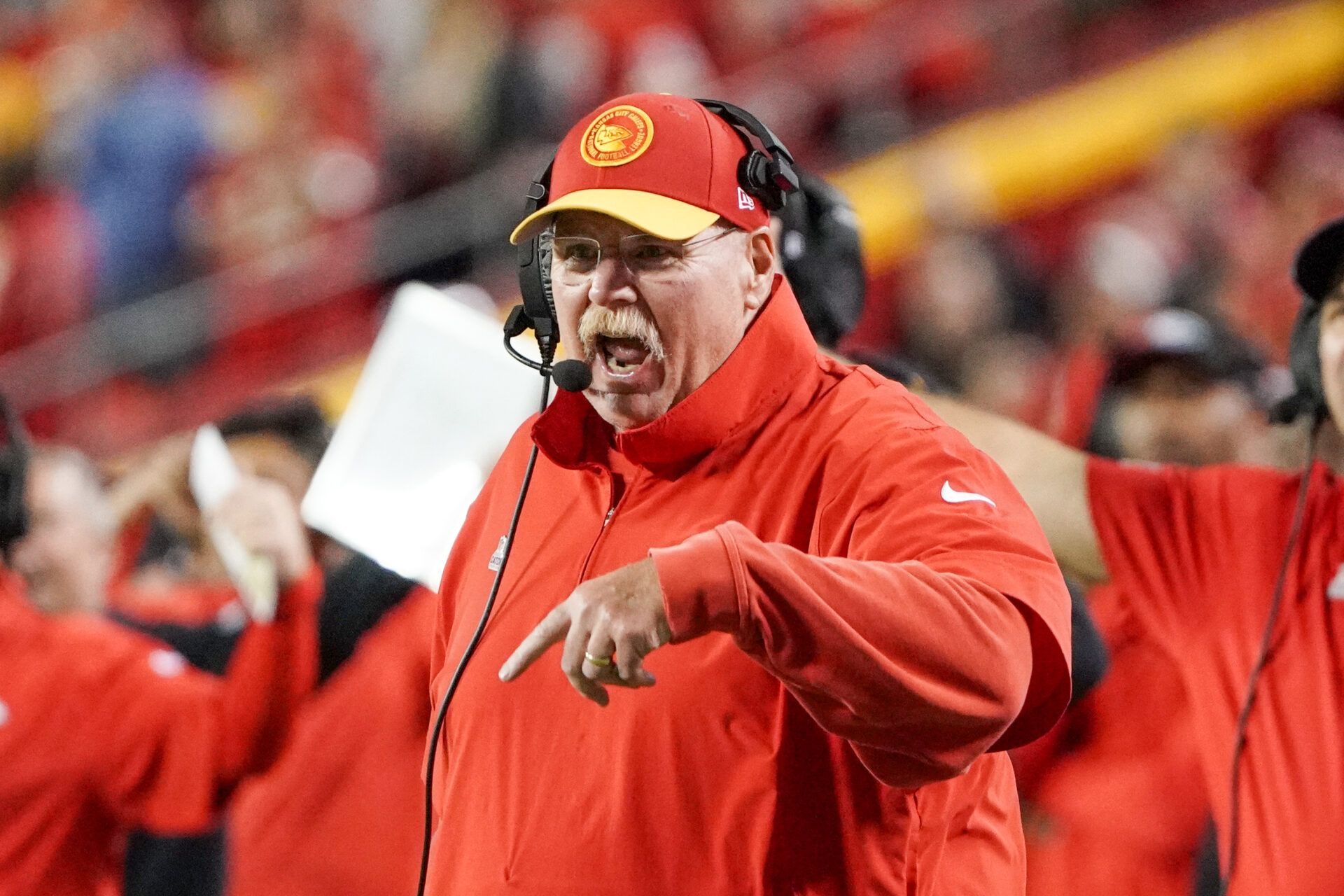 Kansas City Chiefs head coach Andy Reid reacts to a call against the Denver Broncos during the second half at GEHA Field at Arrowhead Stadium.