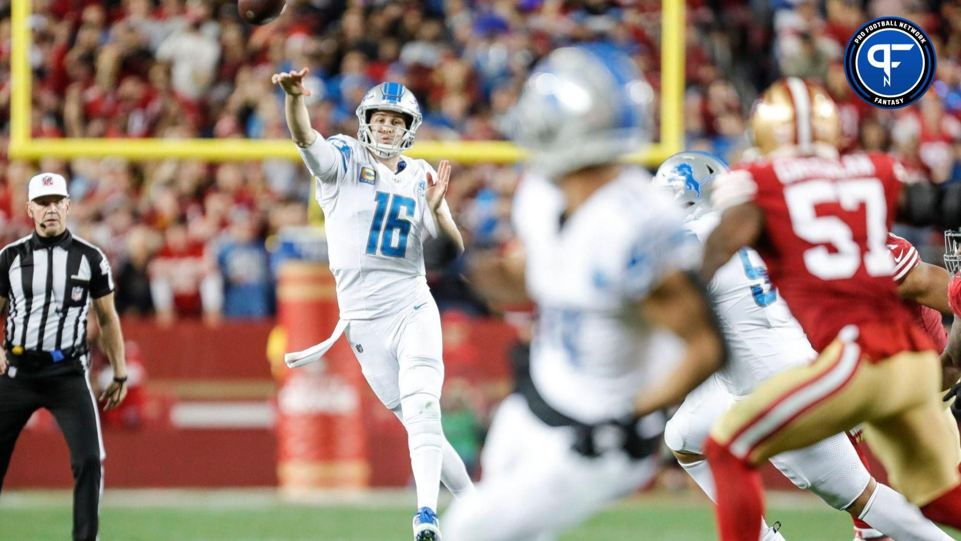 Lions quarterback Jared Goff makes a pass towards wide receiver Amon-Ra St. Brown against the 49ers during the second half of the Lions' 34-31 loss in the NFC championship game