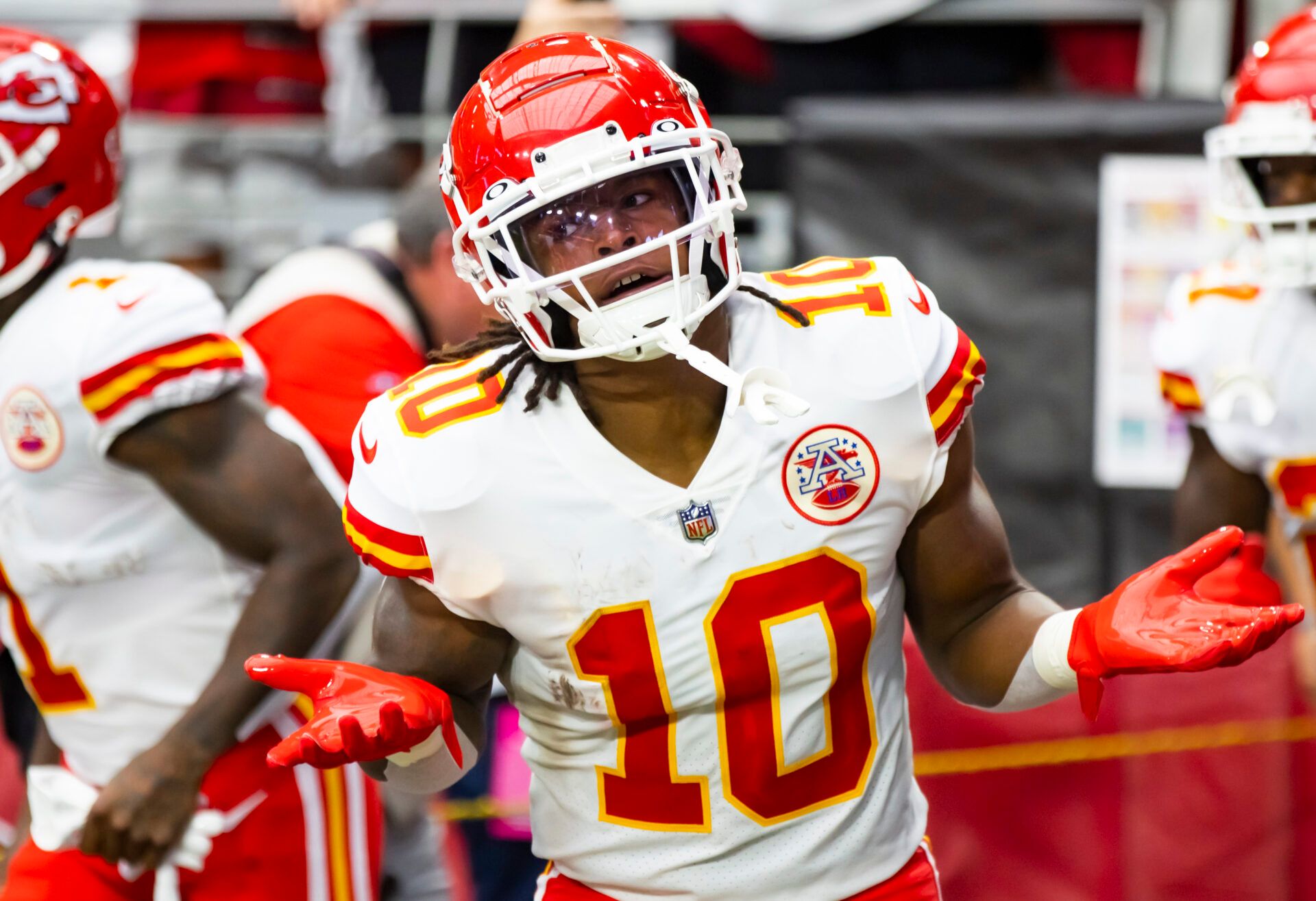 Kansas City Chiefs running back Isiah Pacheco (10) reacts against the Arizona Cardinals at State Farm Stadium.