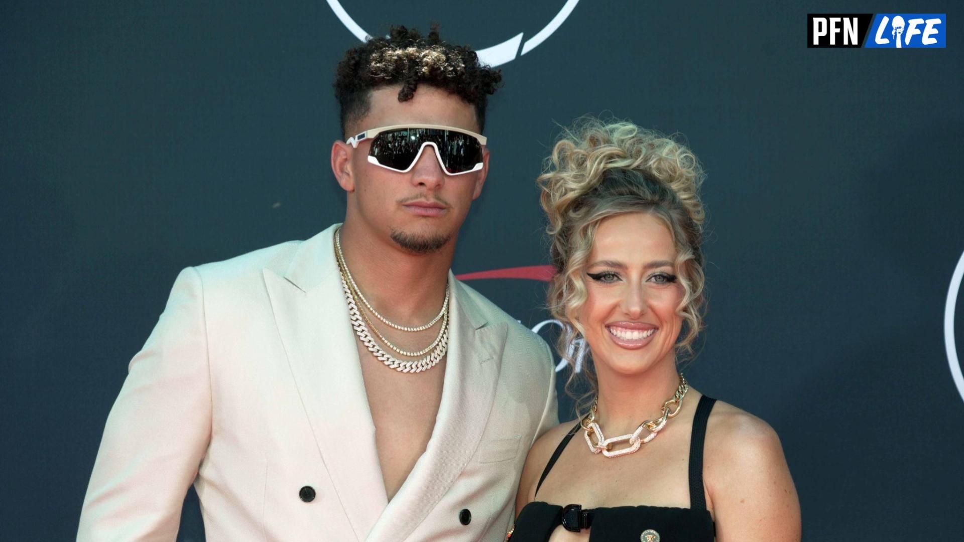 Kansas City Chiefs quarterback Patrick Mahomes and wife Brittany Mahomes arrive on the red carpet before the 2023 ESPYS at the Dolby Theatre.