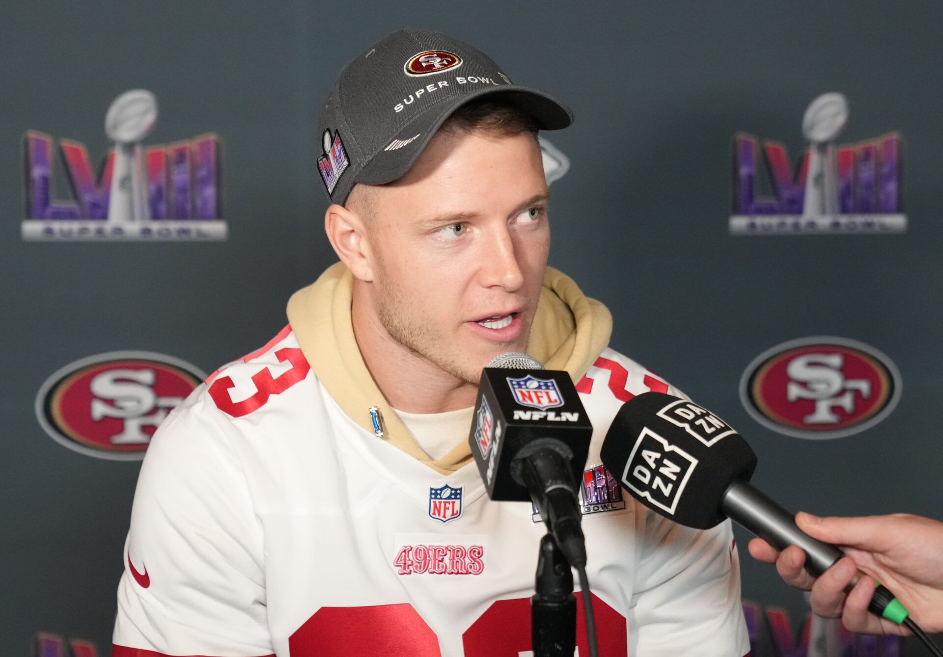 San Francisco 49ers running back Christian McCaffrey (23) during a press conference before Super Bowl LVIII at Hilton Lake Las Vegas Resort and Spa.