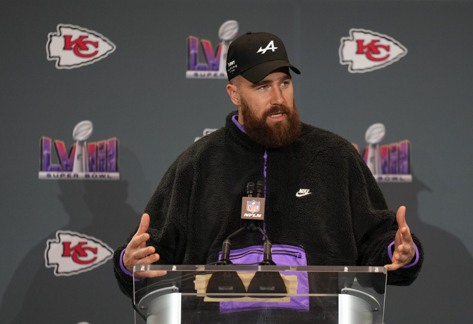 Kansas City Chiefs tight end Travis Kelce (87) during a press conference before Super Bowl LVIII at Westin Lake Las Vegas Resort and Spa.