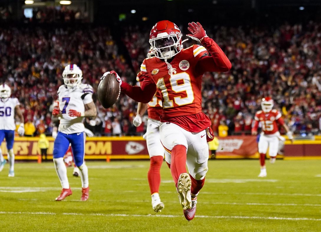 Kansas City Chiefs wide receiver Kadarius Toney (19) scores a touchdown during the second half against the Buffalo Bills at GEHA Field at Arrowhead Stadium. The play would be called back due to an offensive penalty.