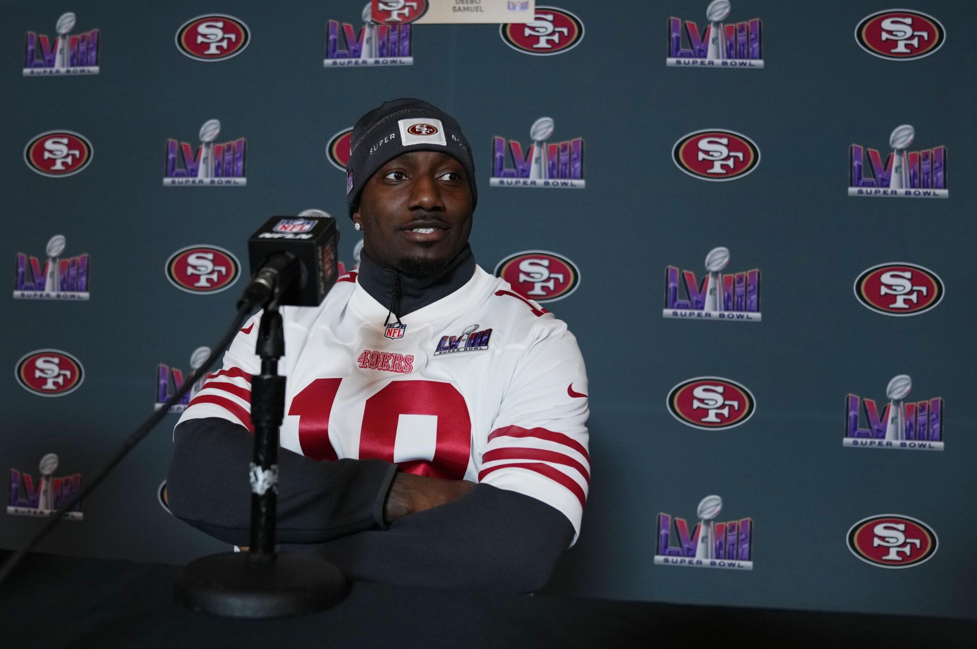 San Francisco 49ers wide receiver Deebo Samuel (19) during a press conference before Super Bowl LVIII at Hilton Lake Las Vegas Resort and Spa.