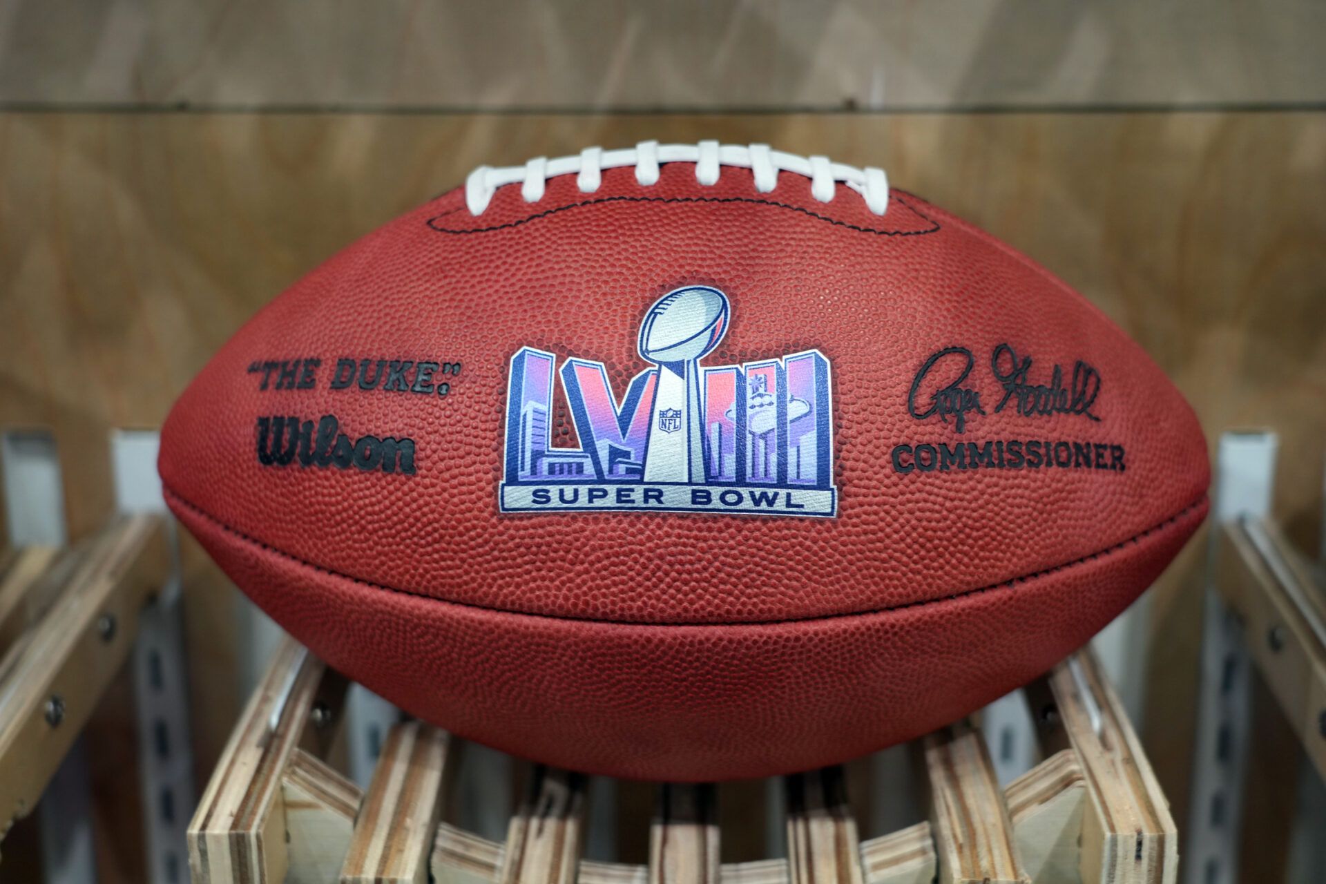 A Wilson official Duke game football with Super Bowl 58 logo at the NFL Experience at the Mandalay Bay South Convention Center.