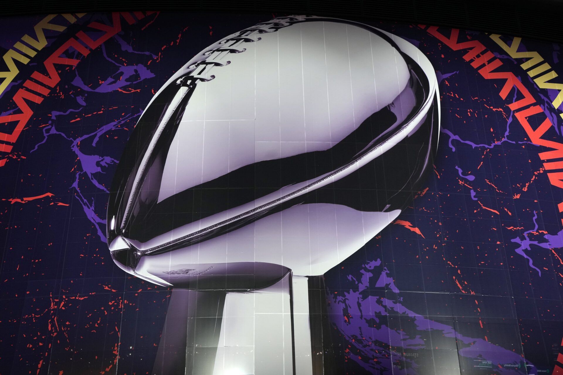 A graphic of Vince Lombardi trophy on the Allegiant Stadium facade prior to Super Bowl 58 between the San Francisco 49ers and the Kansas City Chiefs.