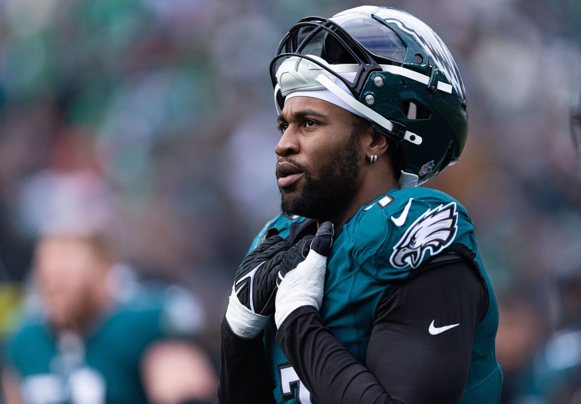 Philadelphia Eagles linebacker Haason Reddick (7) looks on during the second quarter against the Arizona Cardinals at Lincoln Financial Field.